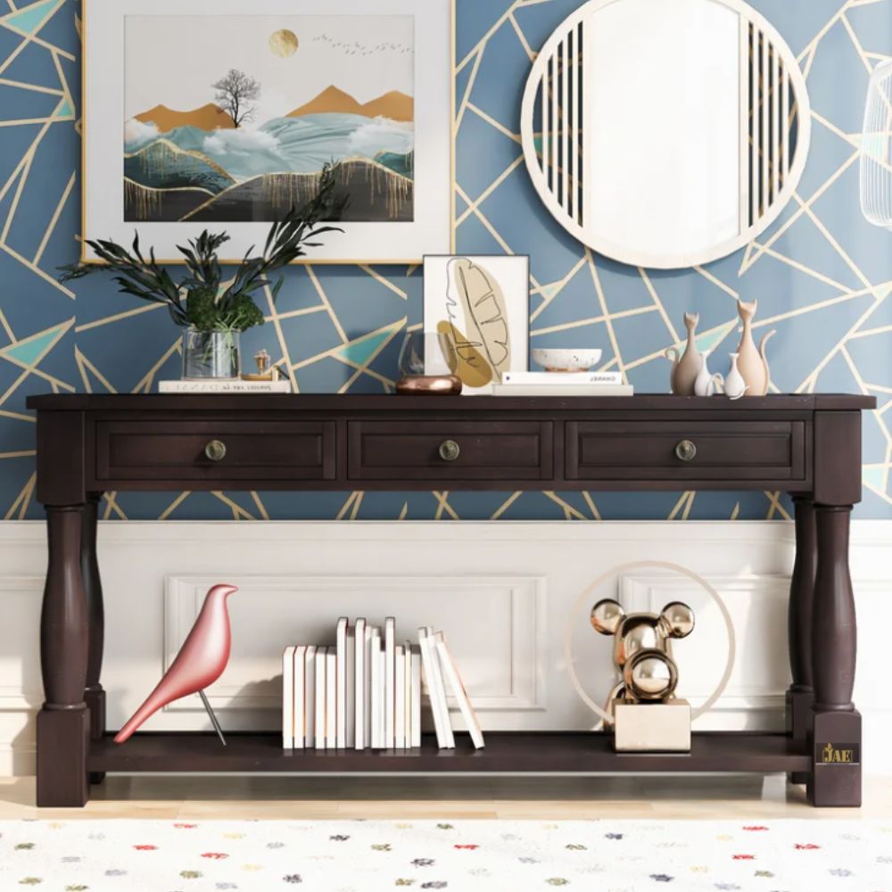 French Provincial Style Walnut Pillar Console Table - Elegant Entryway & Hallway Decor for Home & Office