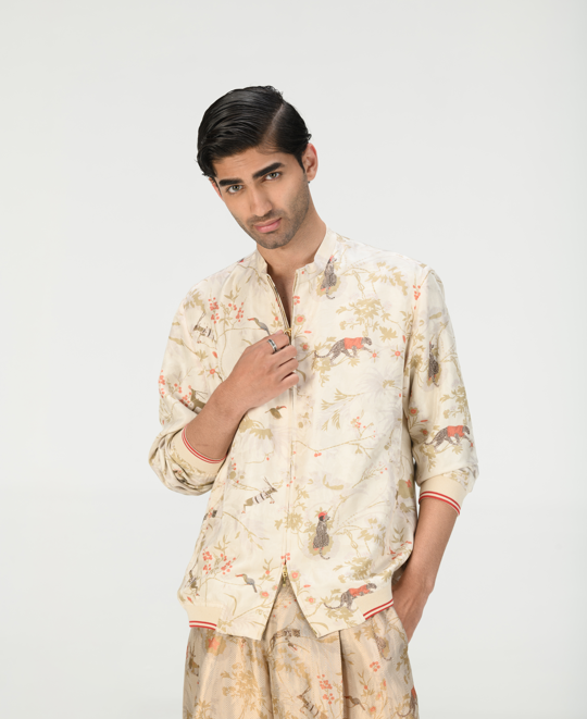 Janbaaz Men's Bomber Jacket - Silk Damask Ivory Jacket for Men | Lightweight & Stylish | Perfect for Casual Wear, Travel & Night Out
