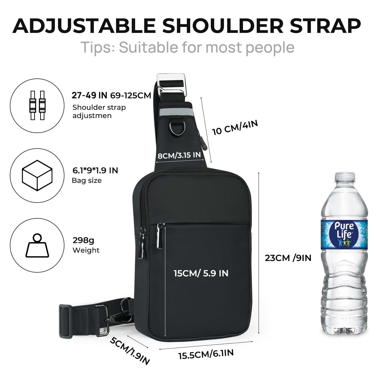 BROADREAM Upgraded Waterproof RFID Blocking Anti-Theft Sling Bag - Lightweight Crossbody Chest Pack for Men & Women (6.1x8.8 Inches) - Perfect for Travel, Gym, Hiking, Running & Daily Commute - Black