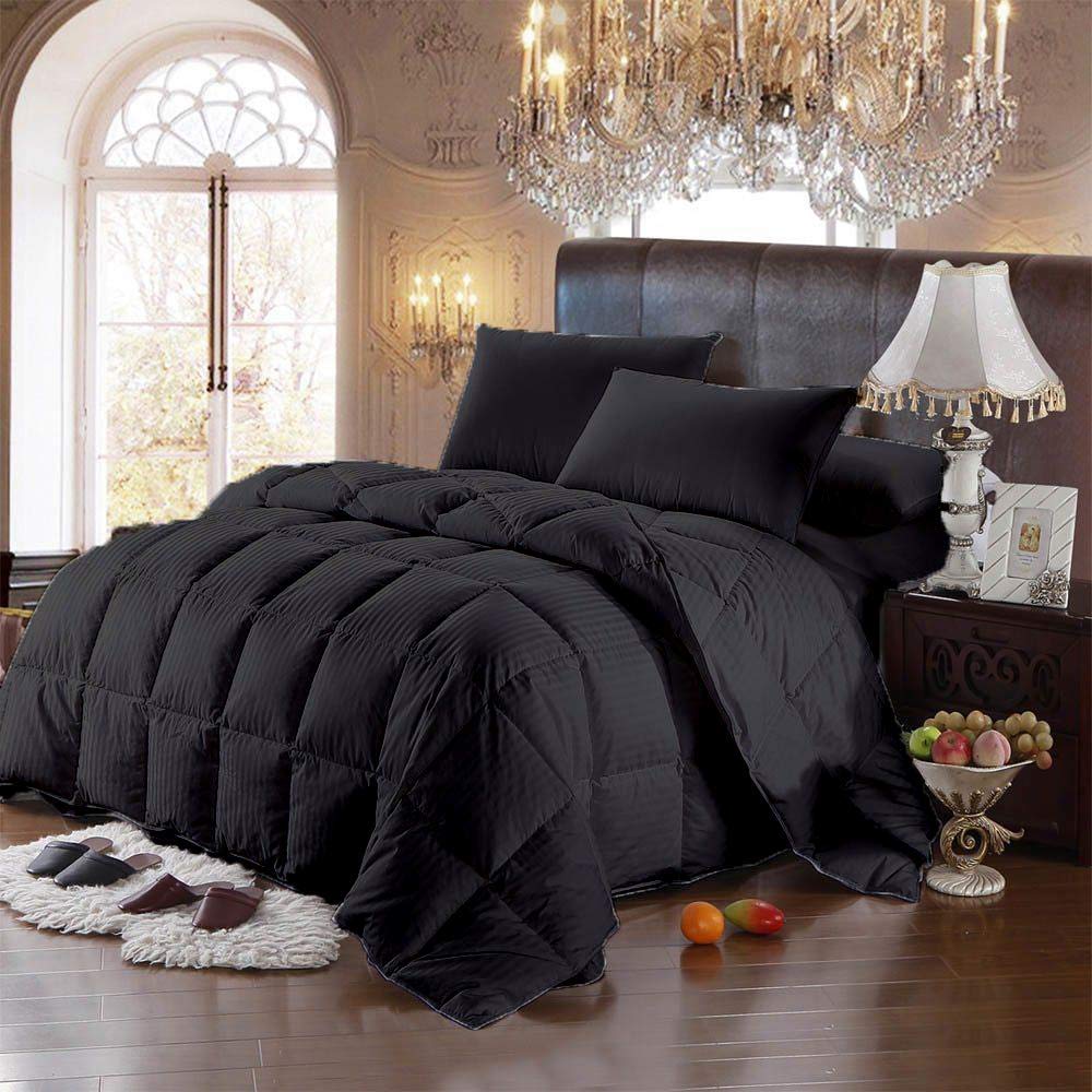 1 Piece Striped Comforter Set with 2 Pillowcases - 100% Cotton 500 GSM King/Cal-King Size - Winter Warm Fluffy Soft Box Stitched Bedding with Corner Tabs (3PC, Black Striped) for Cozy Bedroom Decor & Cold Weather Comfort