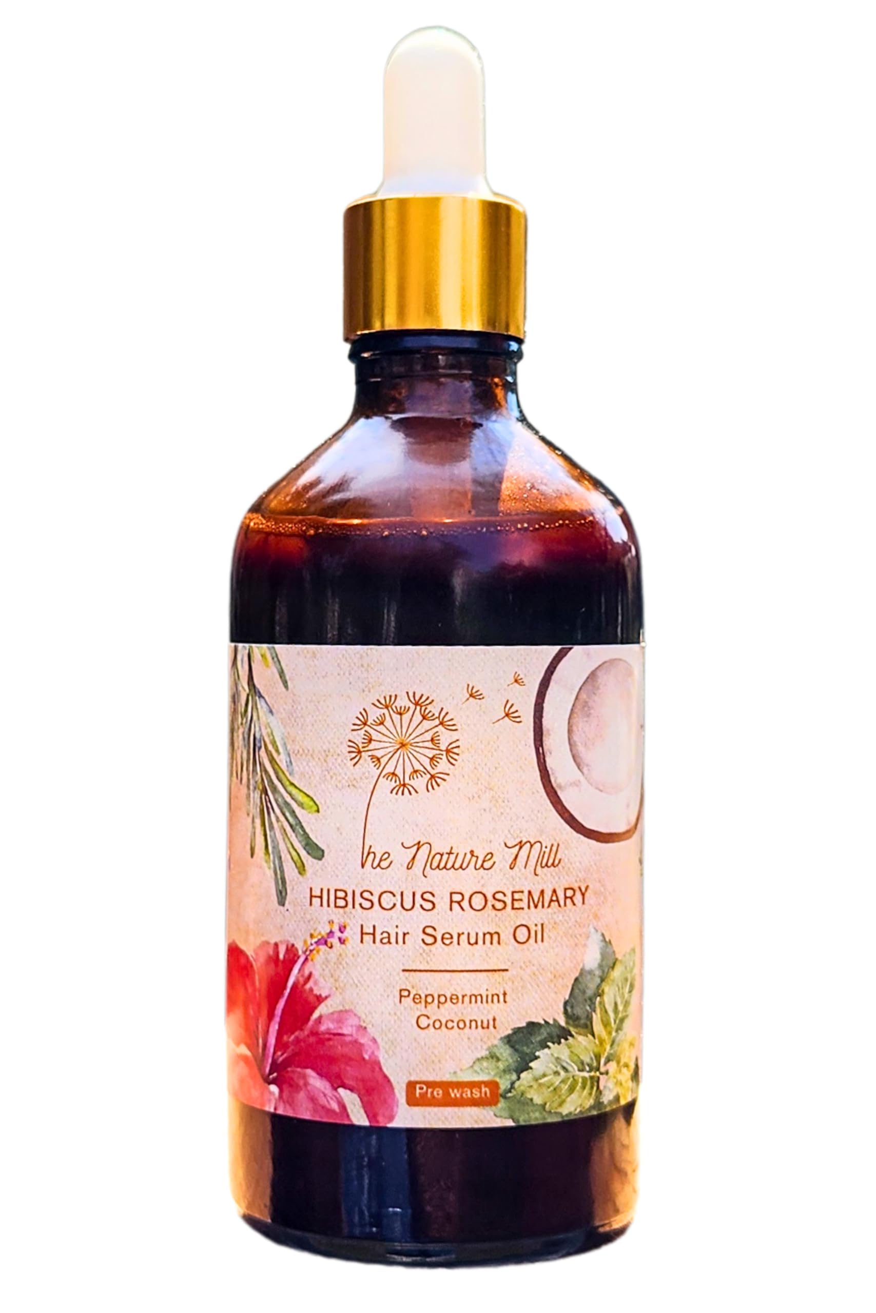 Nature Mill Hibiscus Rosemary Hair Serum Oil - 100ml Coconut Peppermint for Stronger Hair Growth | Natural Hair Care Treatment for Dry, Damaged Hair | Perfect for Daily Use & Scalp Massage