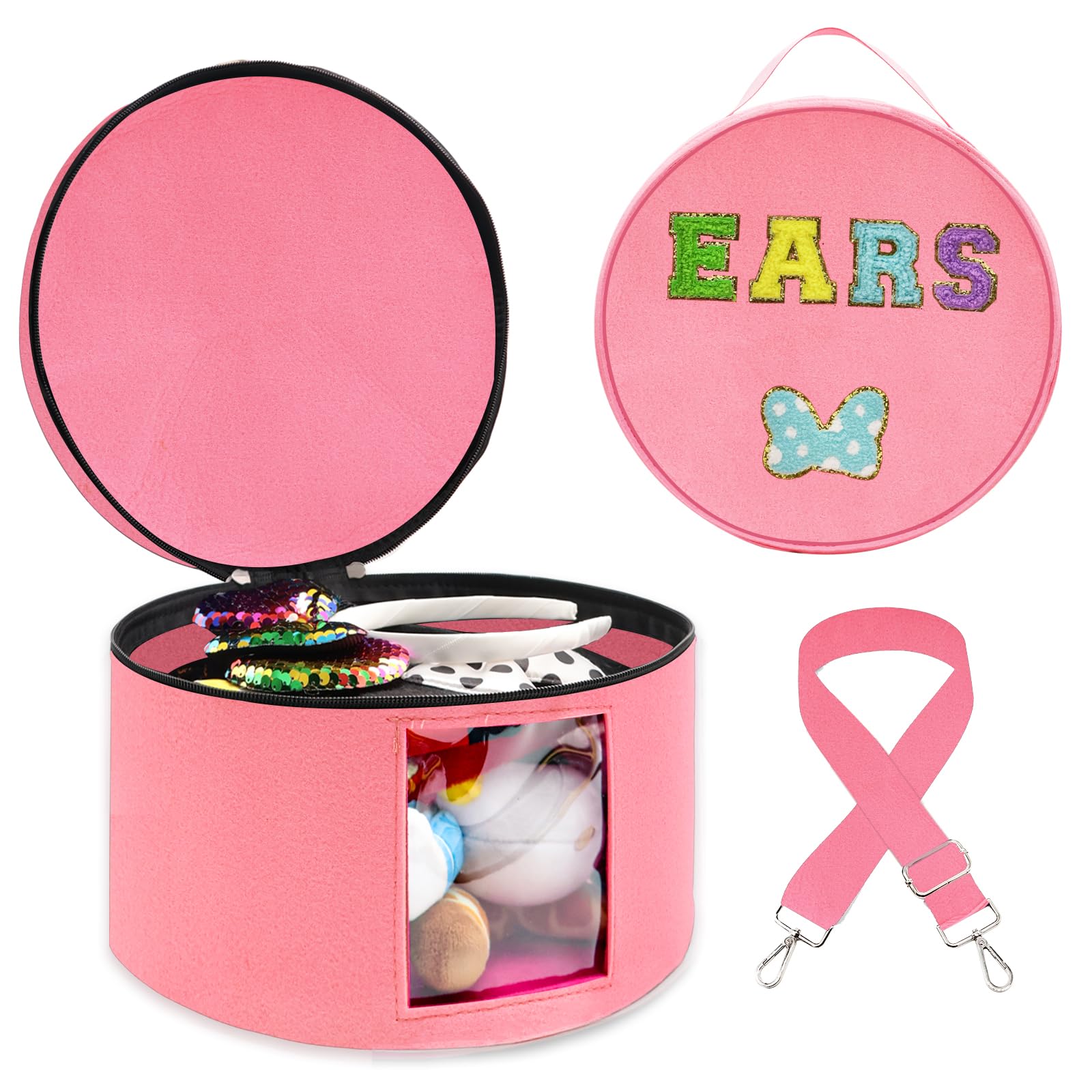 Large Round Tiara Tote Storage Box - Headband Holder Organizer with Shoulder Straps for Hair Accessories (Pink) | Perfect for Salon, Bedroom & Travel Organization