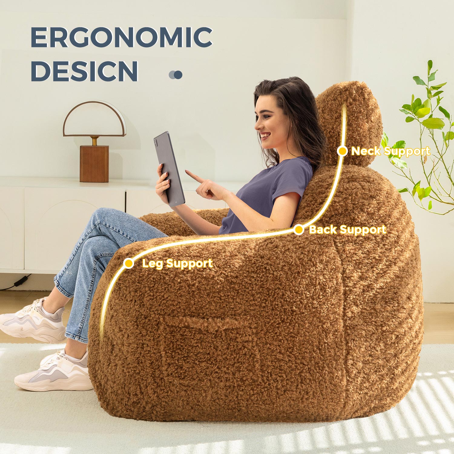 MAXYOYO Large Wool Bean Bag Chair with Pillow - Ultra Comfortable Lounge Chair for Adults, Perfect for Reading, Gaming & Relaxing in Living Room, Bedroom or Dorm