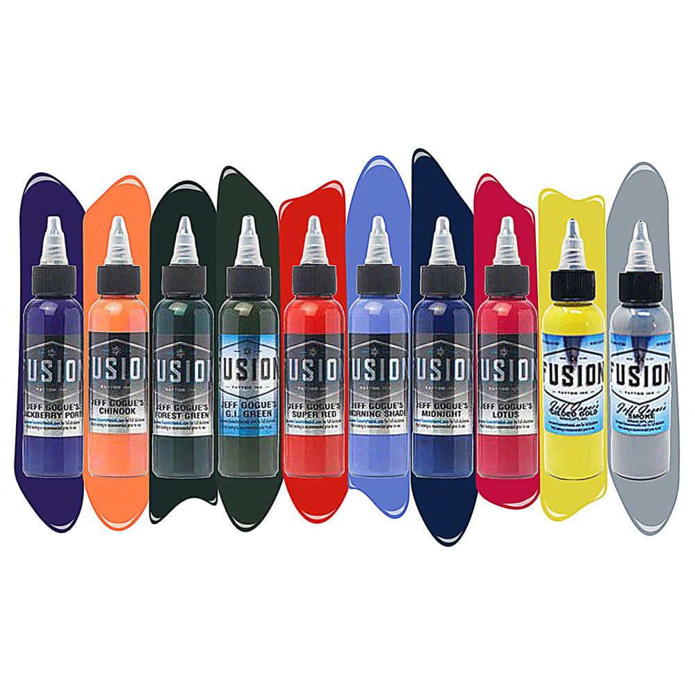 Jeff Gogue 10-Color Signature Tattoo Ink Palette Set — Professional Fusion Ink for Artists — 1oz Bottles — Perfect for Tattoo Studios, Body Art & Permanent Makeup