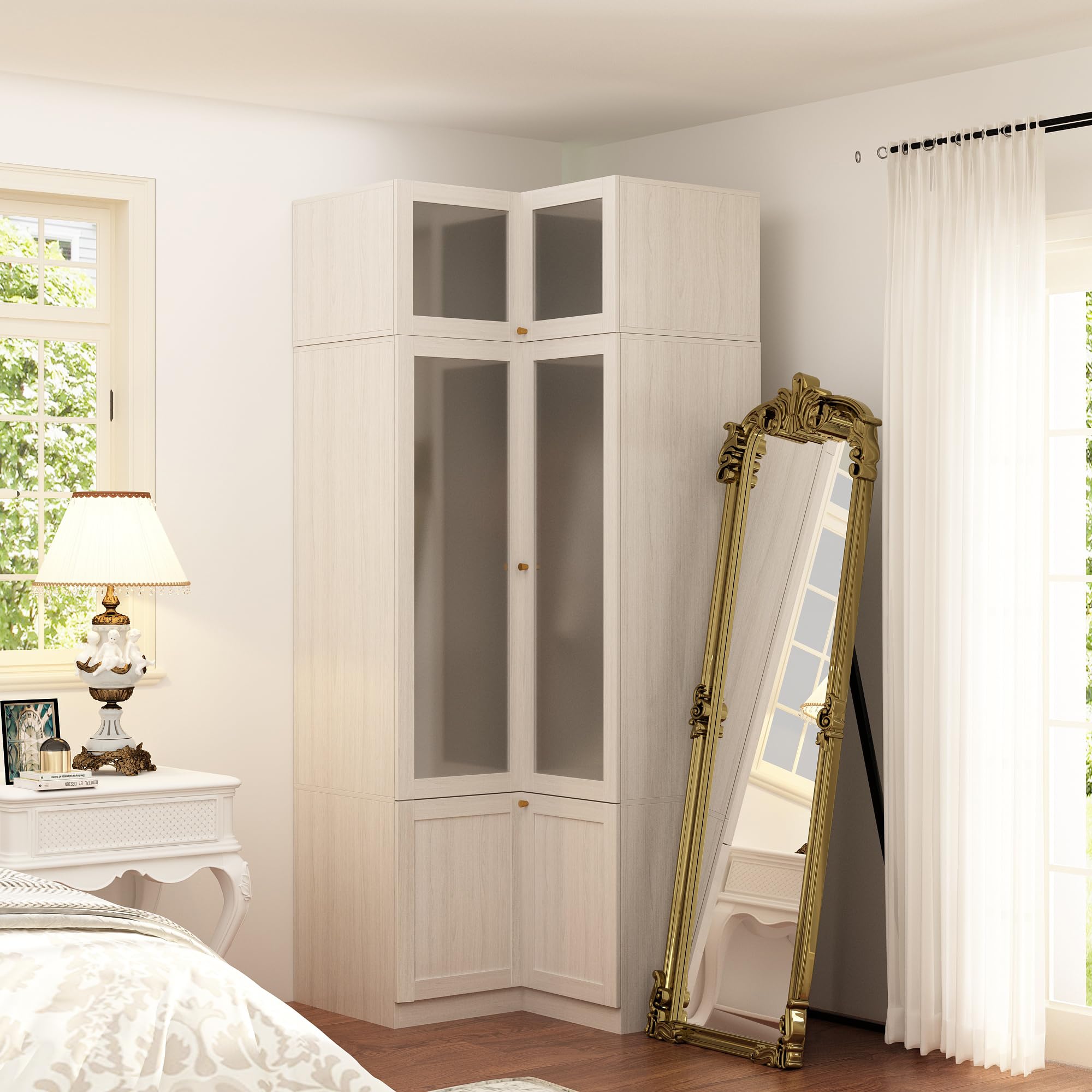Homsee L-Shaped Armoire Wardrobe Closet with Frosted Glass Doors - Wooden Storage Cabinet with Hanging Bar & Shelves, Top Cabinet for Bedroom Organization - Warm Grey (35.4”L x 35.4”W x 86.6”H) - Perfect for Master Bedroom, Guest Room & Walk-In Closet Storage Solutions