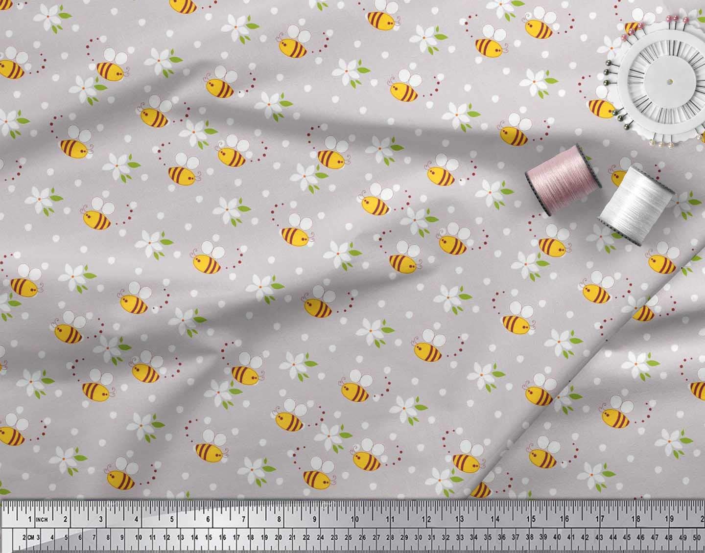 Soimoi Cotton Cambric Gray Fabric - Floral Honey Bee Print - for Sewing & DIY Crafts