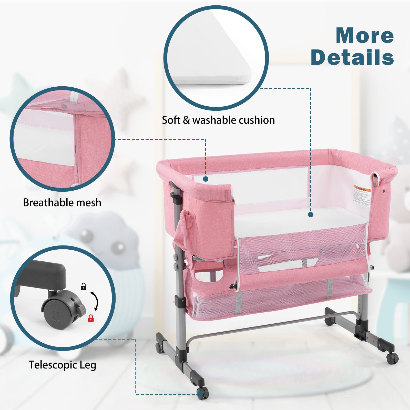 3-in-1 Adjustable Portable Baby Crib & Bassinet for Newborns - Convertible Bedside Sleeper with Wheels, Breathable Mesh (Pink) | Perfect for Nursery, Bedroom Co-Sleeping & Travel