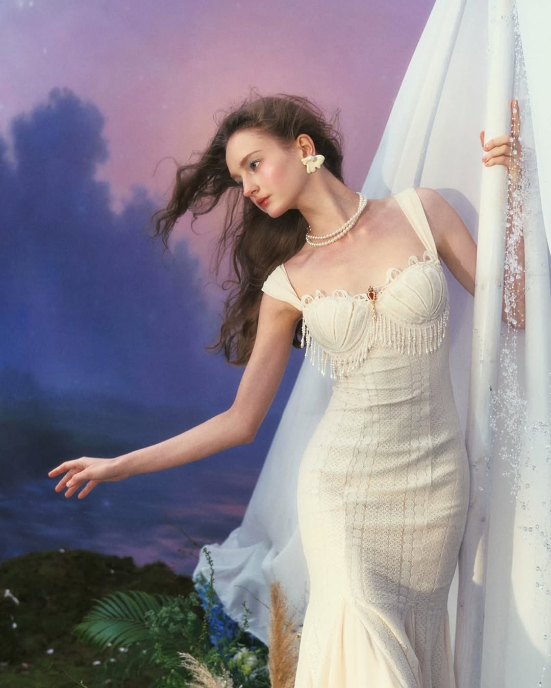 Atalanta Embellished Flared Midi Dress in Cream White - Elegant Boho Chic Dress for Weddings, Parties & Special Occasions