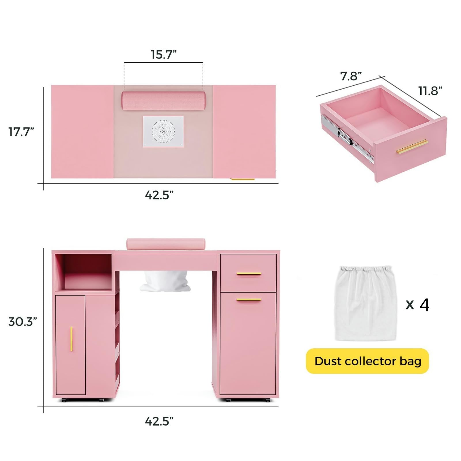 Professional Manicure Table with Glass Top & Wrist Rest - Acetone Resistant Nail Tech Station with 4 Dust Bags & Storage Drawers - Pink Beauty Salon Workstation for Nail Artists & Home Use