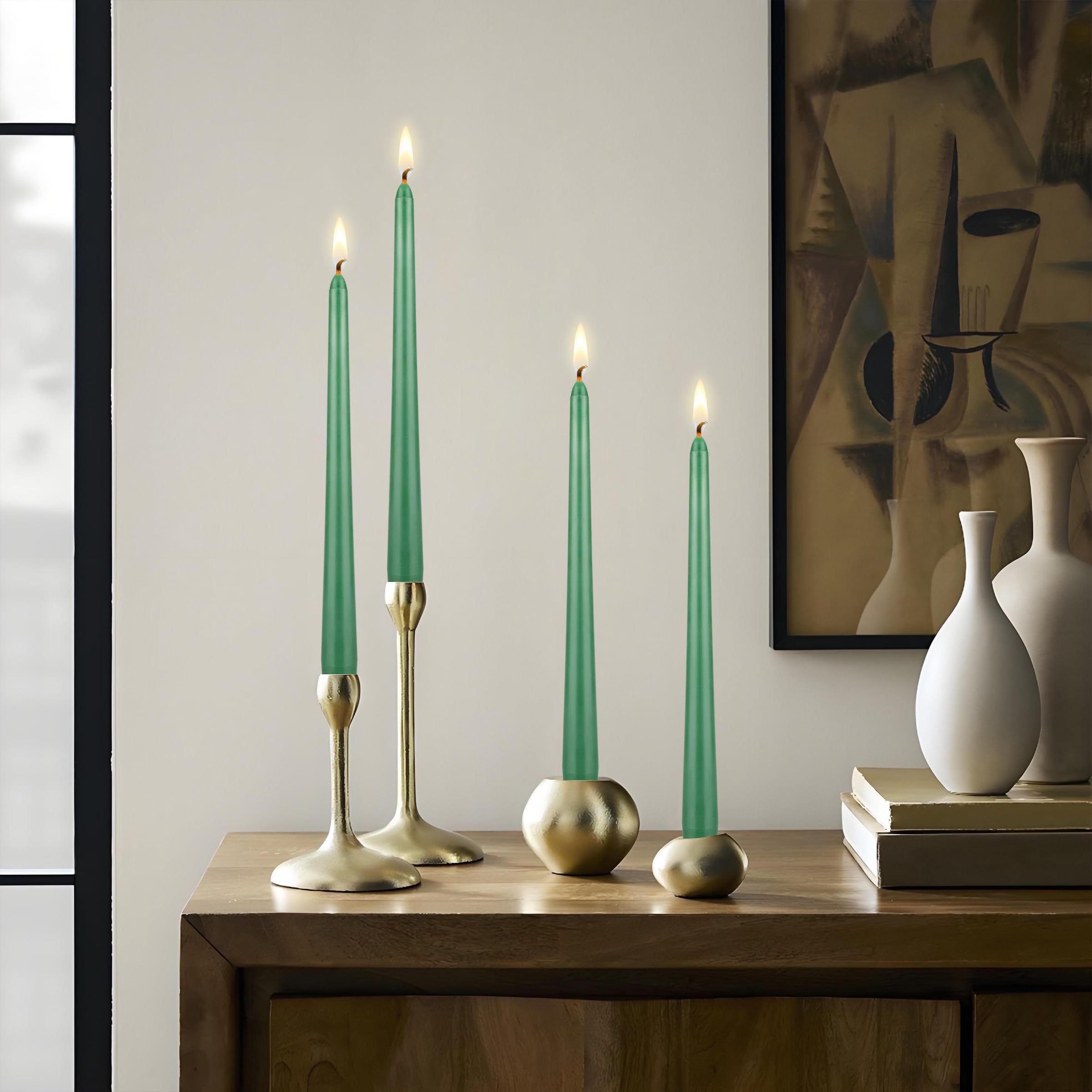 Premium 12-Pack Unscented Green Taper Candles - 10 Inch Hand-Poured Wax Candles for Weddings, Birthdays & Home Decor | Elegant Centerpieces for Romantic Events & Celebrations | Fits Standard 7/8 Inch Candle Holders