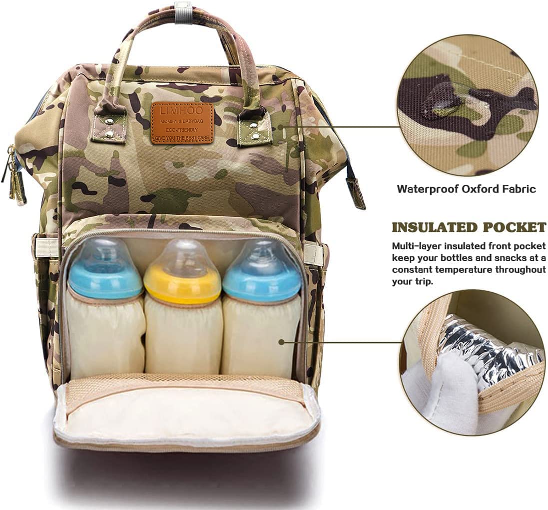 Limhoo Waterproof Camo Diaper Backpack for Men & Dads - Large Canvas Baby Care Bag with Multiple Pockets | Perfect for Travel, Daycare & Outdoor Adventures