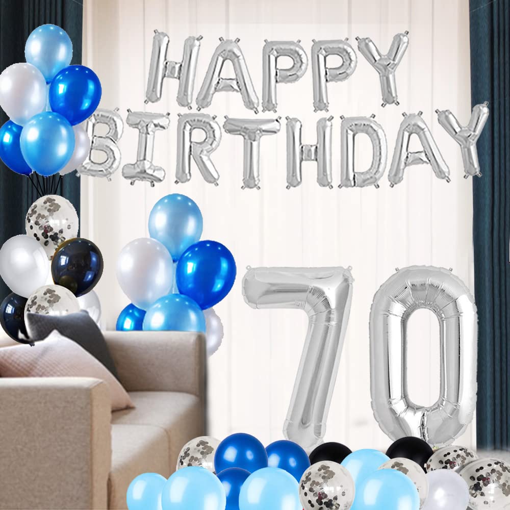 70th Birthday Party Decorations Set - Happy Birthday Foil Banner, Number 70 & Star Foil Balloons, 47pcs Blue & Silver Latex Balloons for Anniversary Celebration, Retirement Party, Milestone Decoration