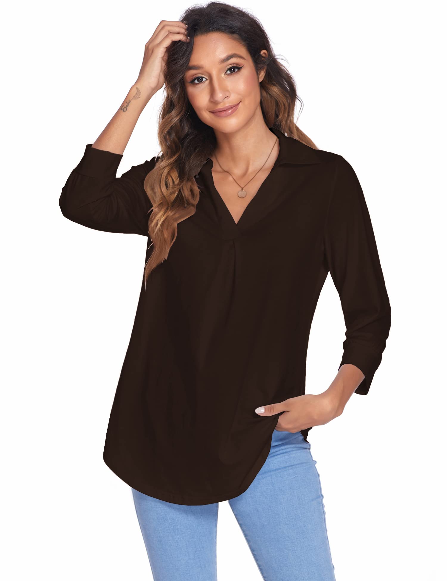 Newchoice Women's Collared V-Neck 3/4 Sleeve Blouse - Business Casual Tops, Loose Fit Work Shirts for Office & Everyday Wear (Sizes S-3XL) - Perfect for Office, Meetings & Smart Casual Outfits
