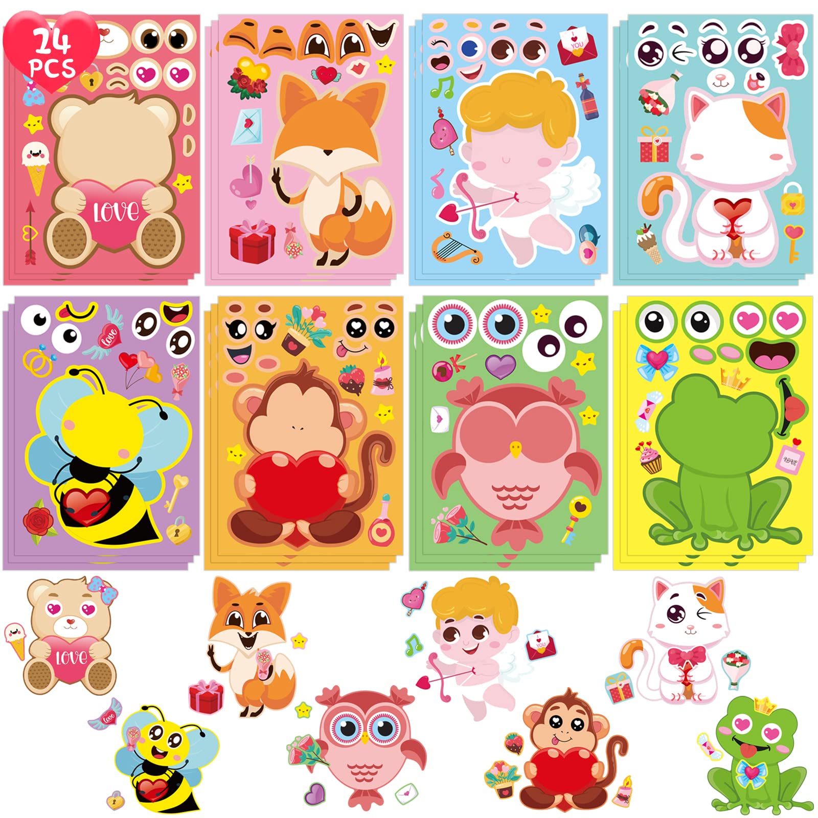 24 Sheets DIY Valentine's Day Stickers for Kids - Make Your Own Face Stickers - Fun Classroom Party Activity & Arts and Crafts for Valentine's Day Celebrations