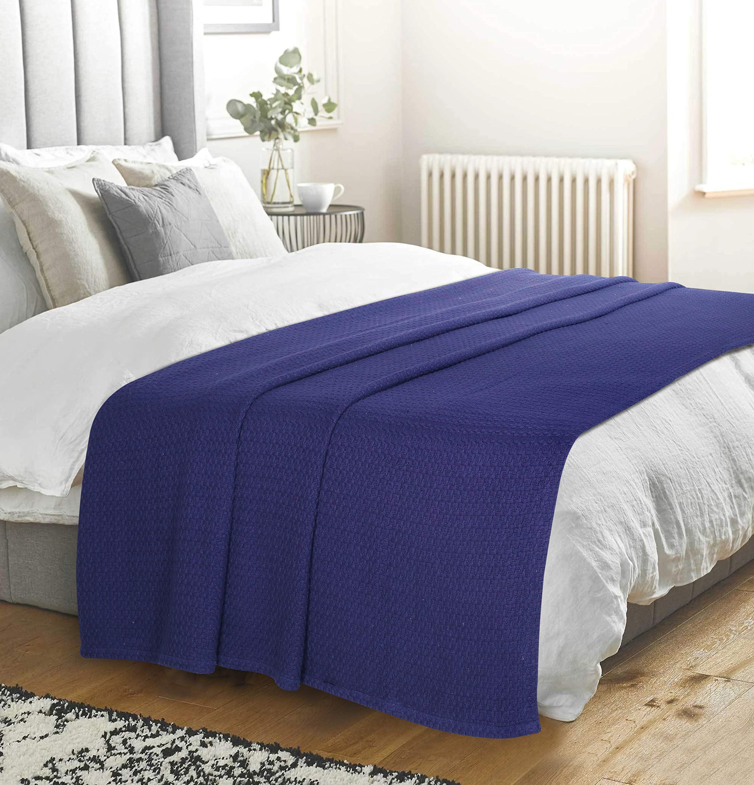 Elvana Home 100% Cotton Twin Size Thermal Blanket - Breathable All-Season Bed Blanket for Layering - Navy Blue - Perfect for Bedrooms, Guest Rooms, and Cozy Nights