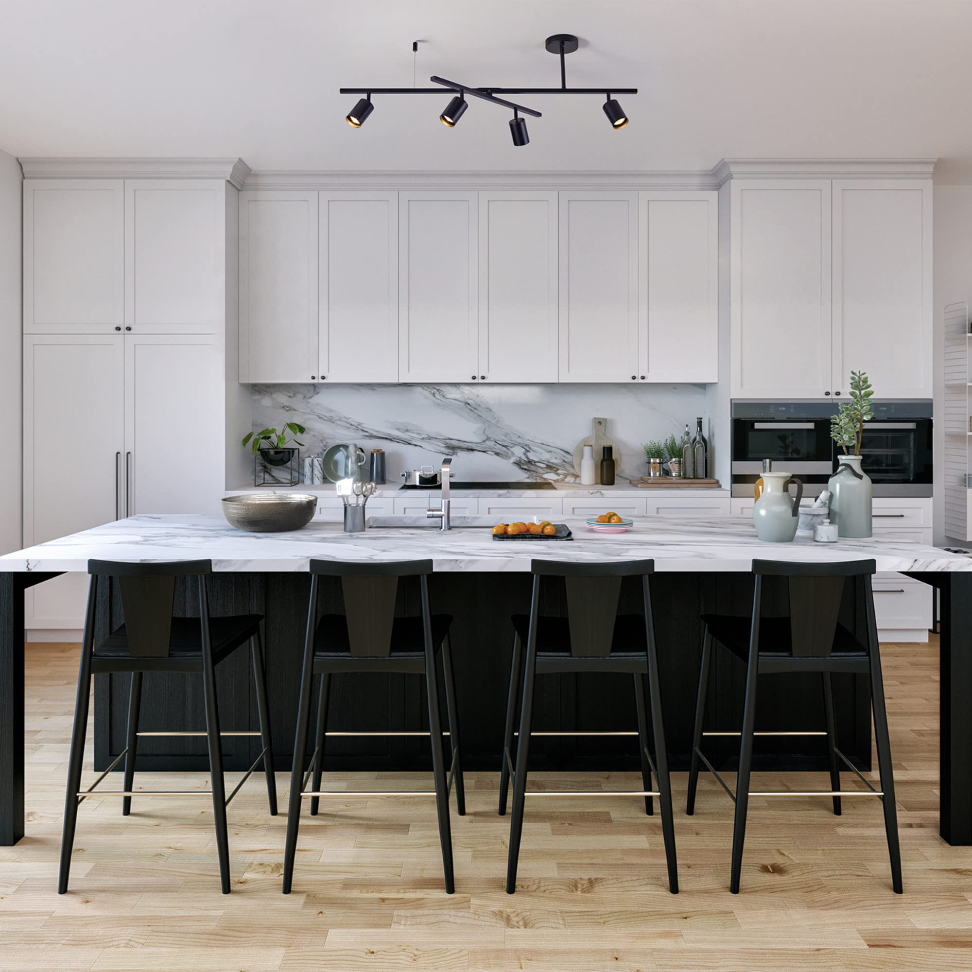 Globe Electric 57500 4-Light Matte Black Track Lighting Kit with Center Swivel Bar & Pivoting Heads - Adjustable Ceiling Light Fixture for Kitchen, Dining Room, Living Room, or Office (Bulbs Not Included)