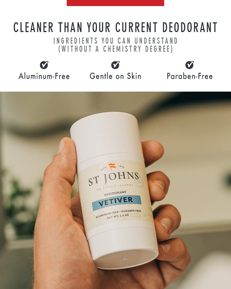 St Johns Vetiver Aluminum-Free Deodorant for Men & Women | 2.6 oz Natural Clear Deodorant Stick with Classic Vetiver Cologne | Virgin Islands Inspired Fresh Scent | Perfect for Daily Use, Travel & Sensitive Skin