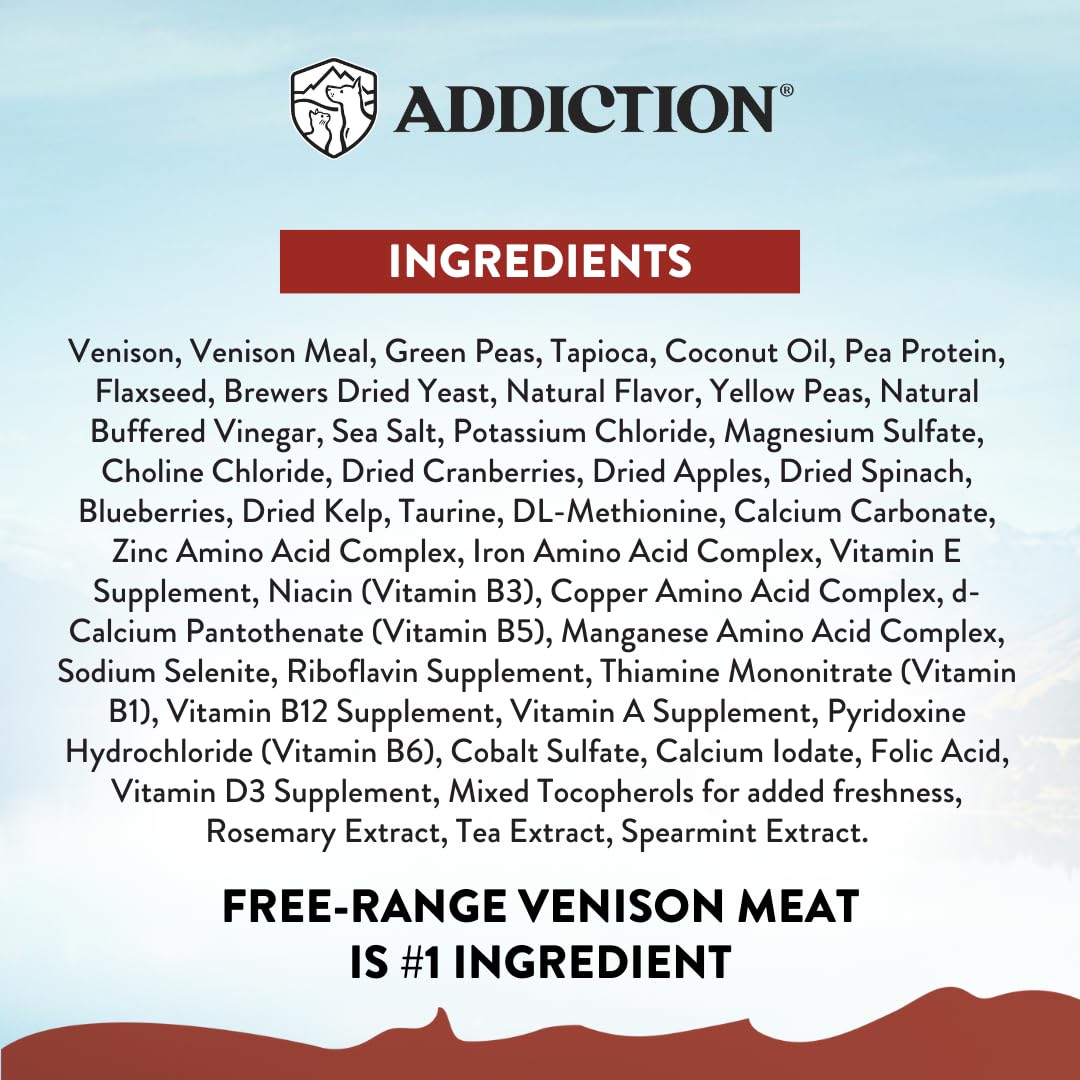 Addiction Viva La Venison Premium Grain-Free Dry Dog Food - Single Protein & Novel Meat with Probiotics - No Chicken, Beef, or Turkey - Ideal for All Dogs & Puppies - 20lb Bag for Sensitive Stomach & Allergy Relief - Perfect for Indoor & Outdoor Active Dogs