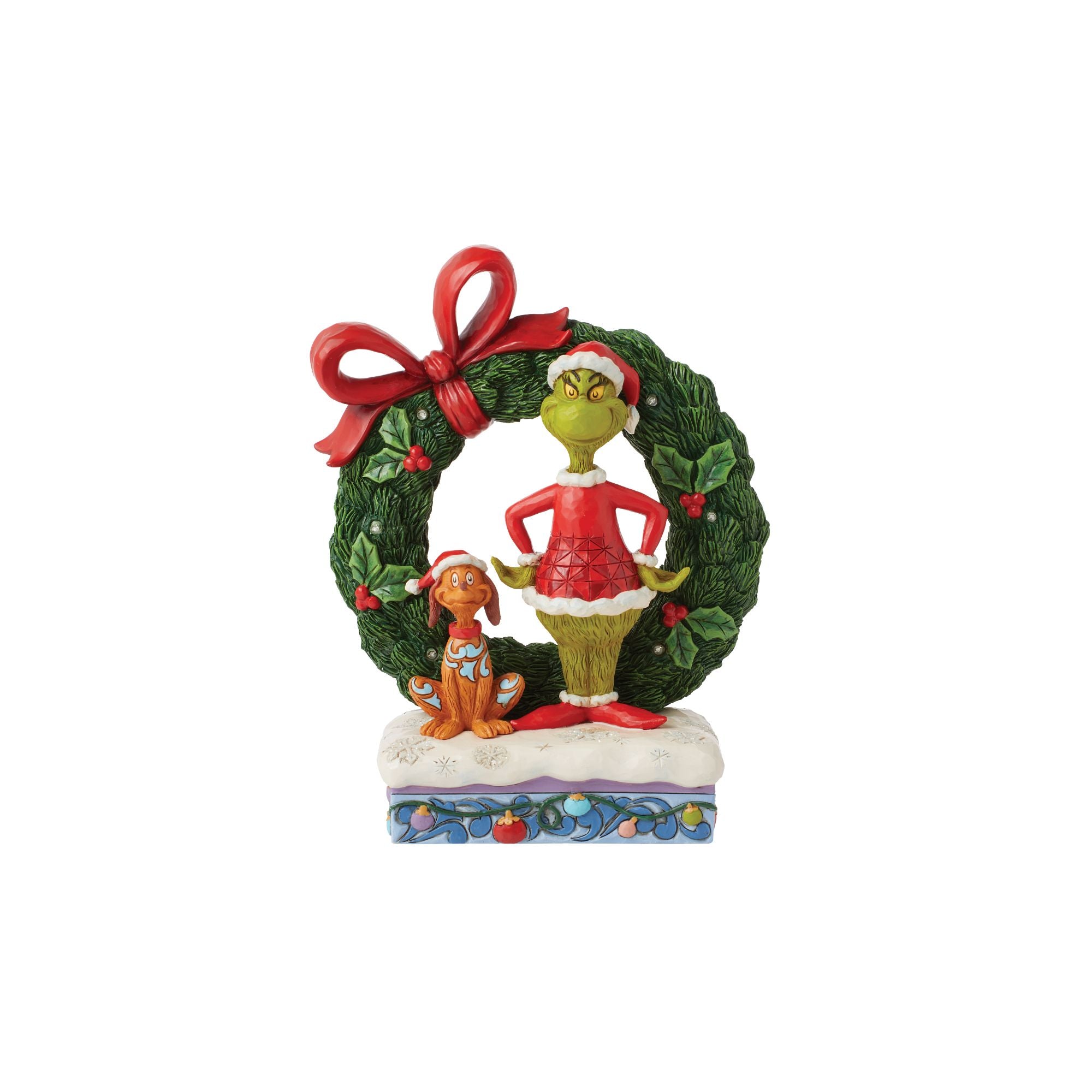 Grinch & Max in Wreath Figurine - Christmas Decor, Holiday Home Decoration, Collectible Gift for Xmas - Perfect for Tree Topper, Mantel Display, and Party Centerpiece