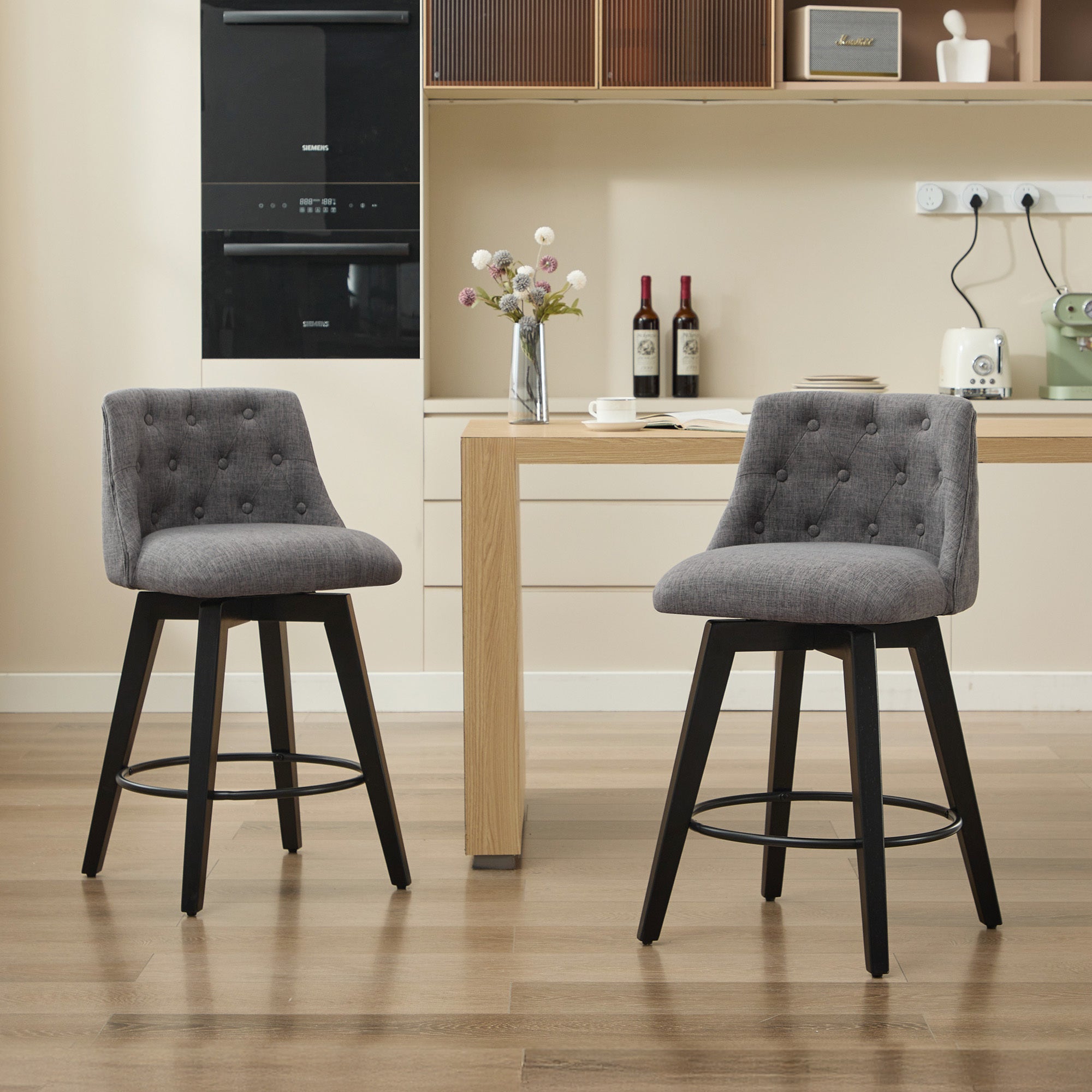 Modern 25' Swivel Bar Stools Set of 2 - Counter Height Stools with Linen Upholstery & Button Tufted Back, Solid Wood Frame for Kitchen Island, Home Bar or Breakfast Nook - Perfect for Entertaining Guests or Casual Dining
