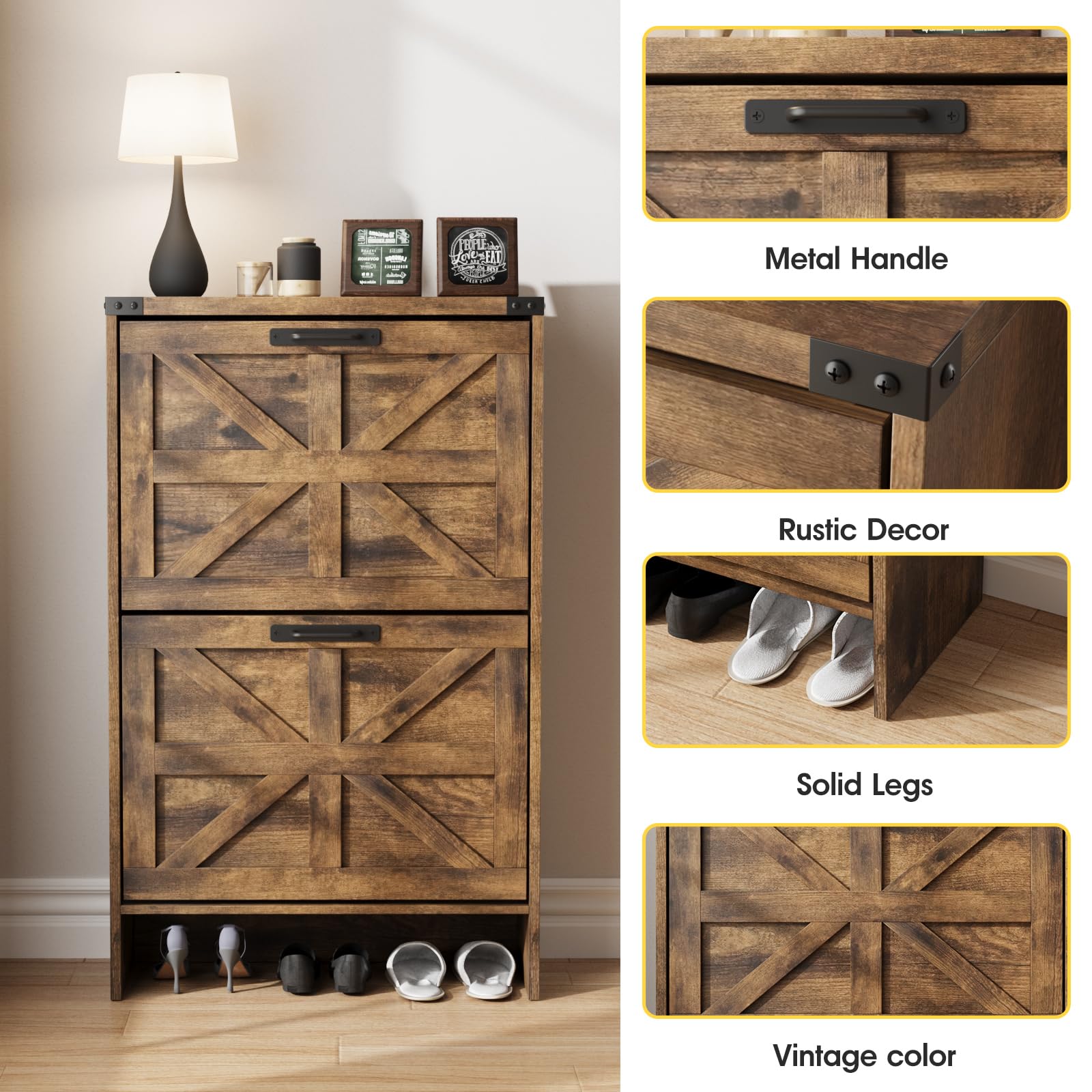 Farmhouse Style Slim Shoe Cabinet with 2 Flip-Up Drawers - Narrow Entryway Storage Organizer for Hidden Shoes - Brown Wooden Shoe Rack - Perfect for Small Spaces, Hallways, and Closet Organization