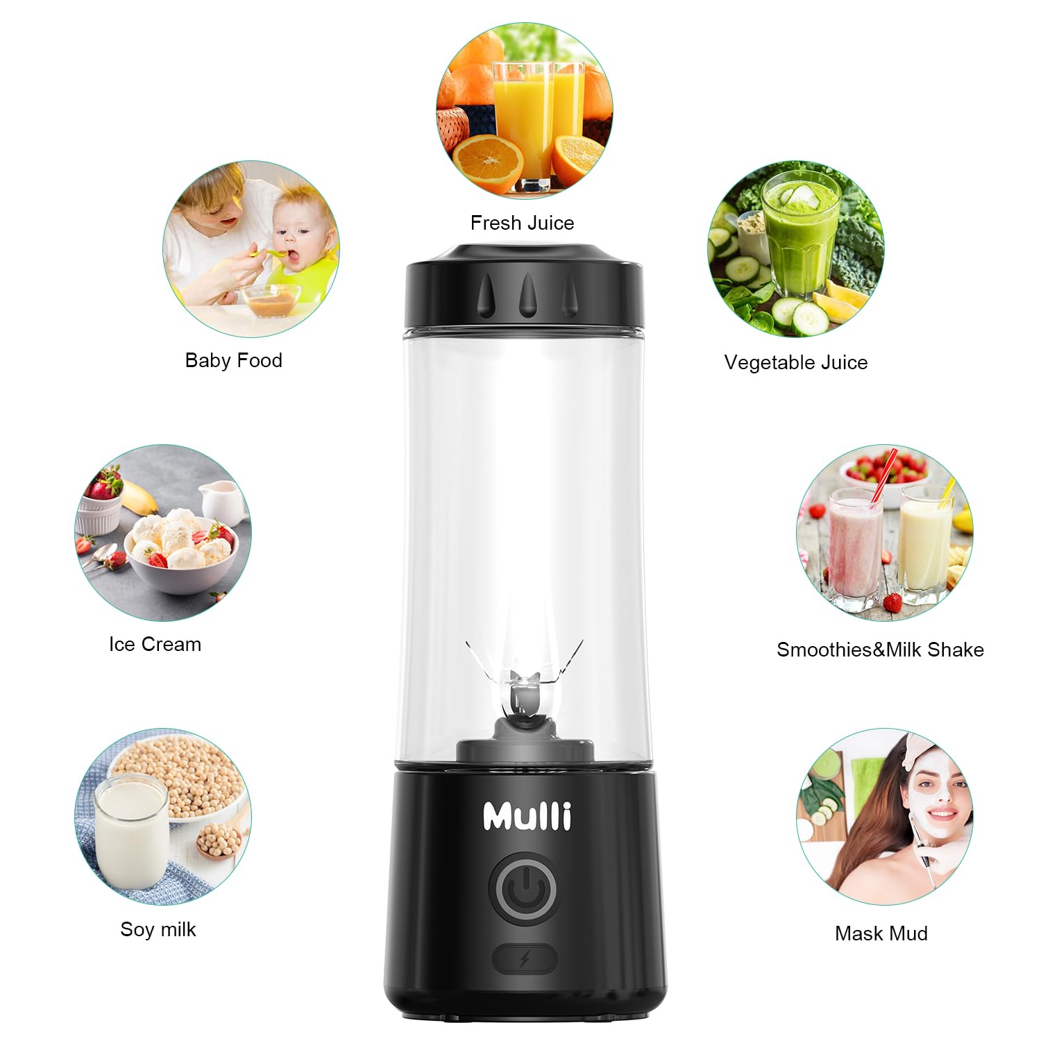 Mulli Portable USB Rechargeable Mini Blender - 6 Blades Personal Smoothie Maker for Shakes, Baby Food, Travel & Gym - Compact Blender for Home, Office & Outdoor Activities