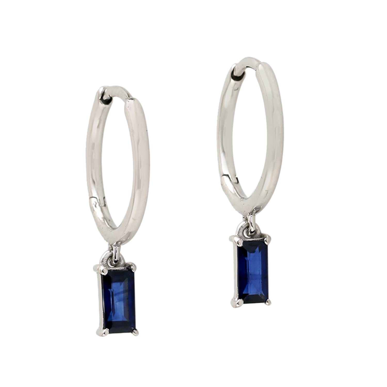Exquisite 18K White Gold Baguette Cut Blue Sapphire Hoop Earrings – Perfect for Weddings, Parties & Special Occasions