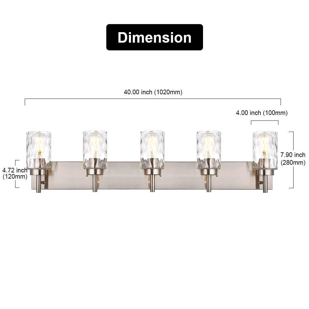 BONLICHT 5-Light Transitional Vanity Lighting Fixture - Brushed Nickel with Clear Hammered Glass Shade, Farmhouse Bathroom Wall Sconce, Contemporary Indoor Wall Mount Light for Kitchen Sink, Bedroom, Hallway & Entryway
