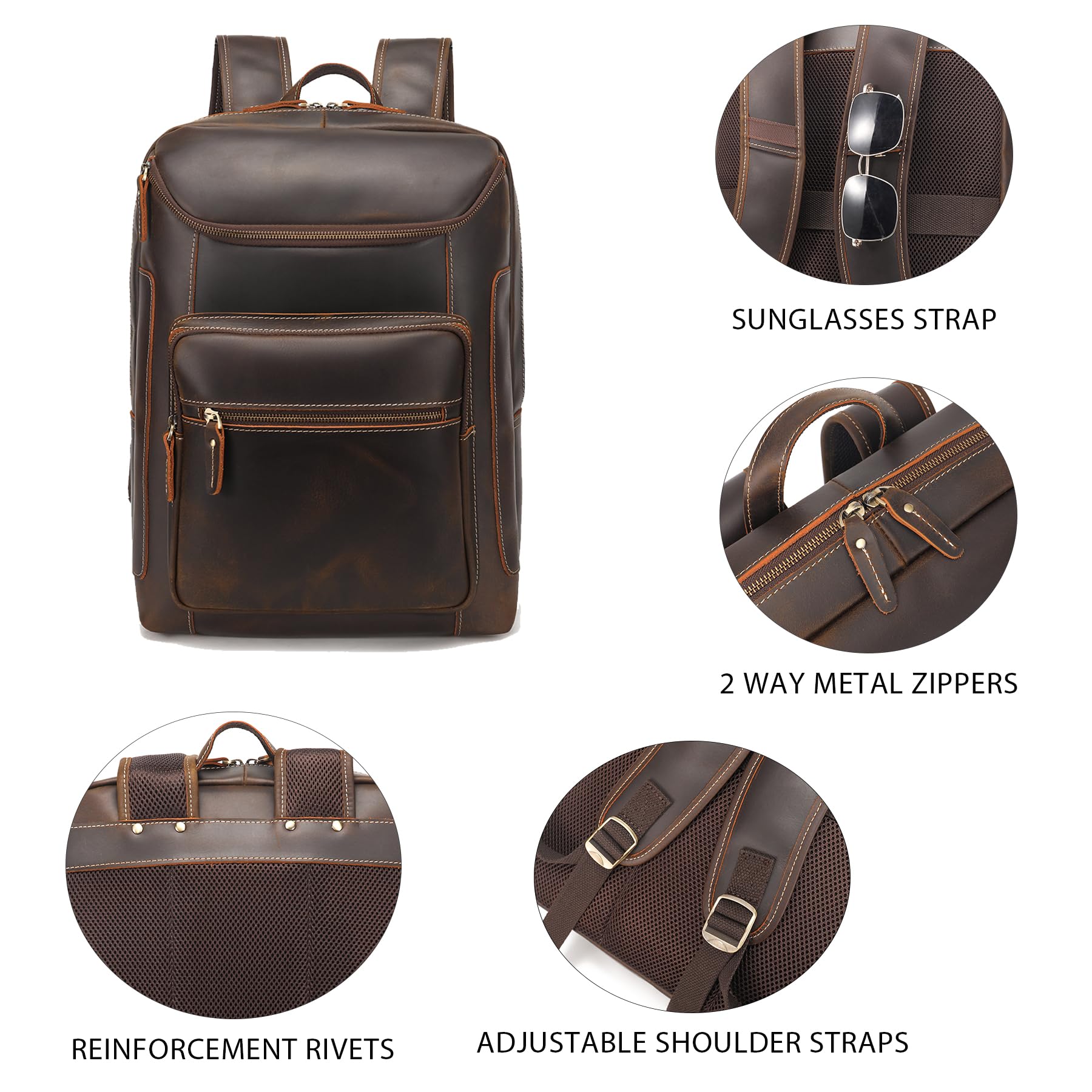 Premium Full Grain Leather Backpack for Men - 17 Inch Laptop Backpack with YKK Zippers - Durable Business Travel & Casual Outdoor Rucksack - Perfect for Work Commute, College Campus & Weekend Adventures