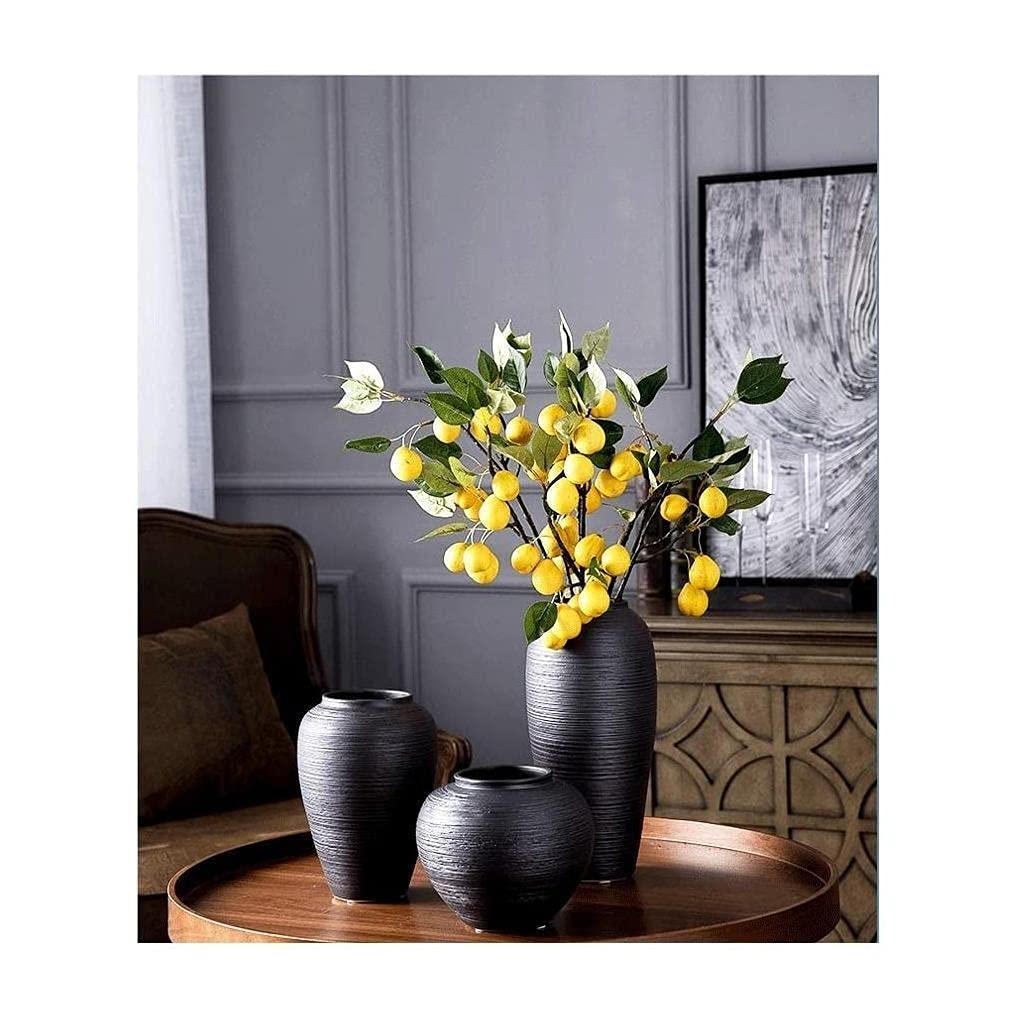 Modern Black Ceramic Vase with Geometric Pattern - Stone Beam Home Decor Flower Vase for Living Room, Dining Table, Office Desk & Wedding Centerpiece (15x32cm)