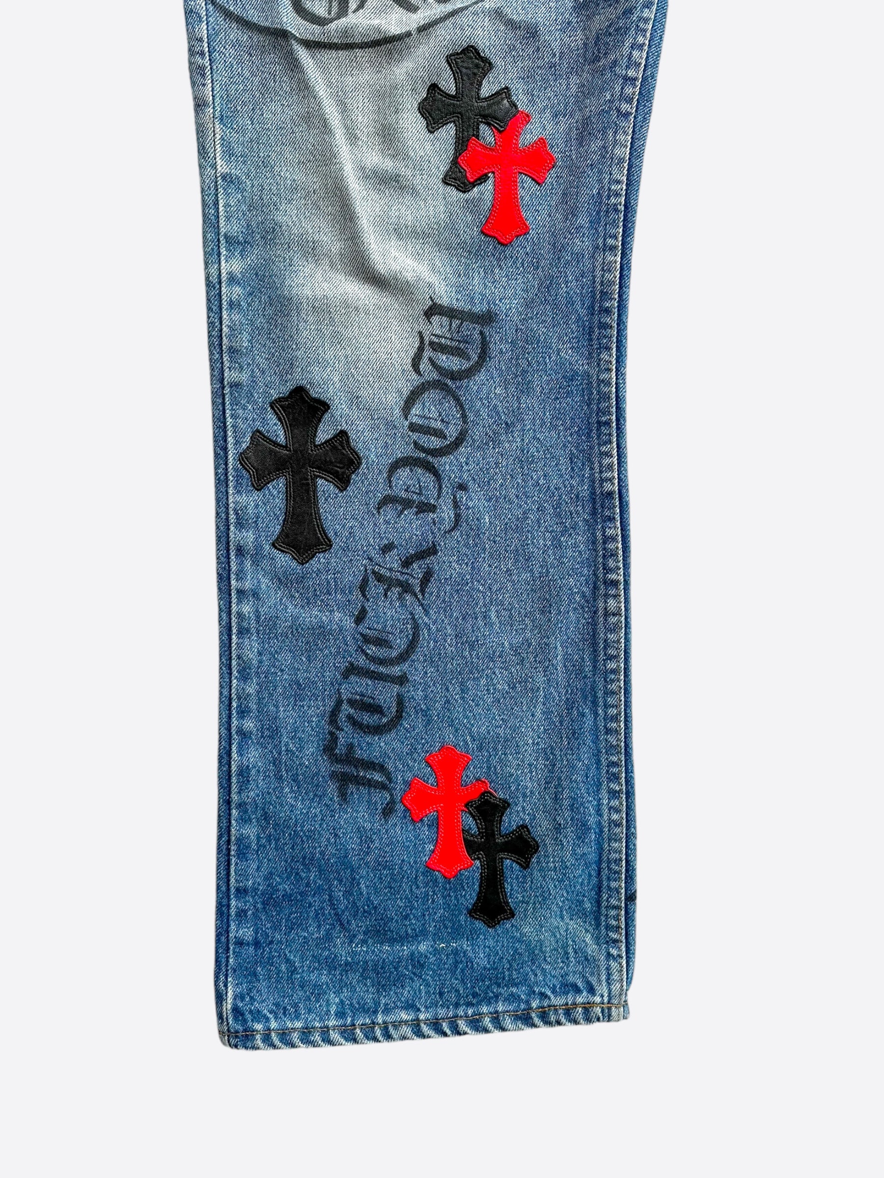 Chrome Hearts x Levi's Blue Black & Red Cross Patch Stencil Jeans for Men - Vintage Distressed Denim Pants for Casual Wear & Street Style
