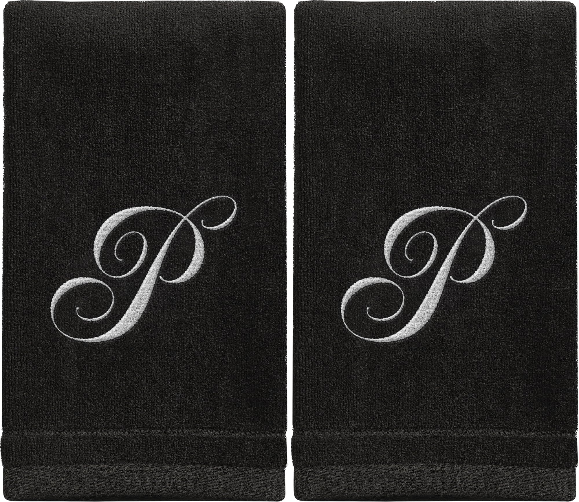 Personalized Monogrammed Fingertip Towels Set of 2 - 11x18 Inch White Embroidered Cotton Towels - Ultra Absorbent & Soft Velour Finish - Perfect for Bathroom, Kitchen & Spa Gifts - Initial P (Black) - Great for Guest Bathrooms, Bridal Showers & Housewarming Presents