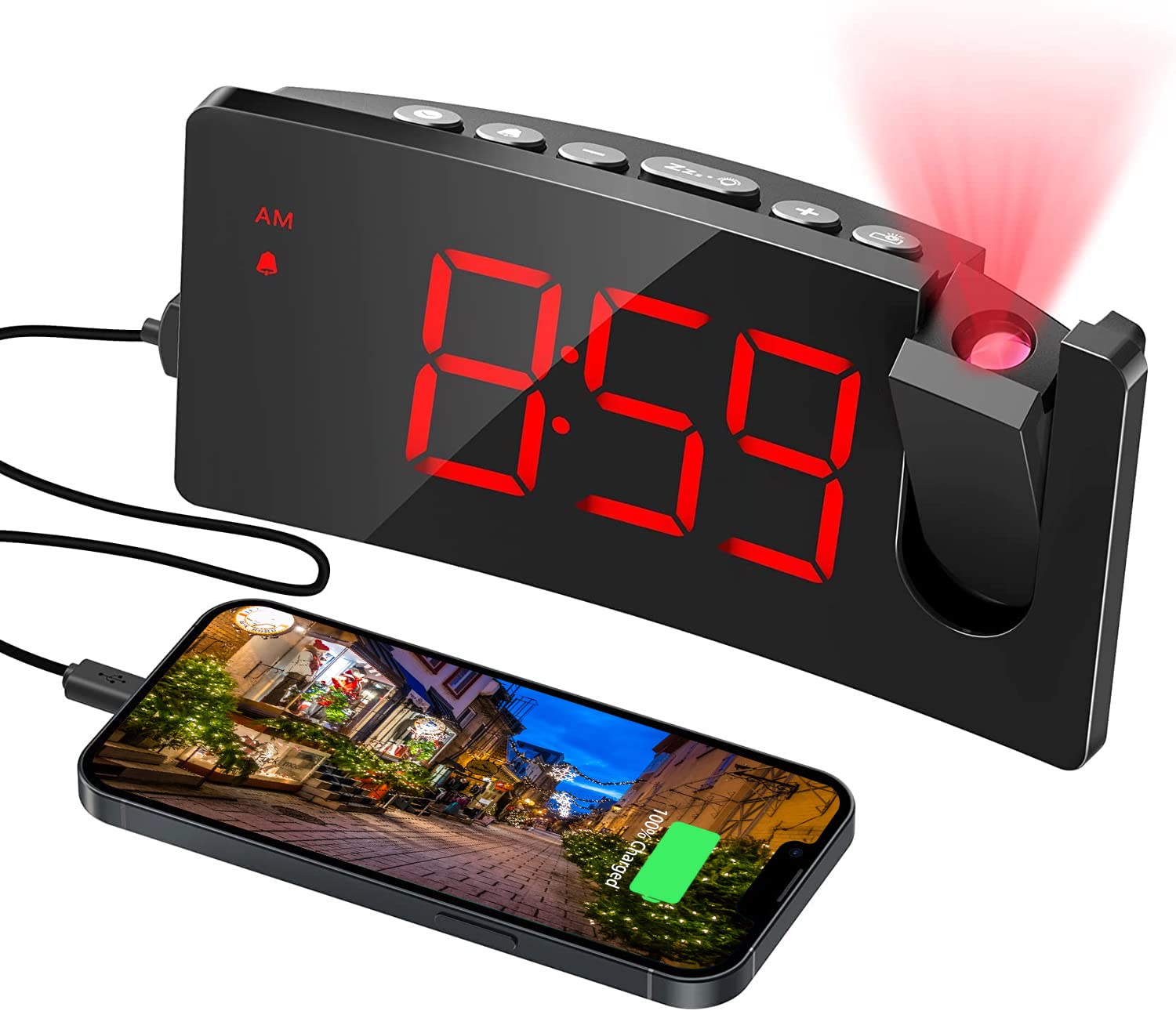 Smart Projection Alarm Clock with USB Charging Port - 5'' LED Curved Screen, 180° Rotation, 4 Dimmer Modes, Snooze Function - Perfect for Bedroom, Desk Decor & Teen Rooms (12/24H Digital Display)