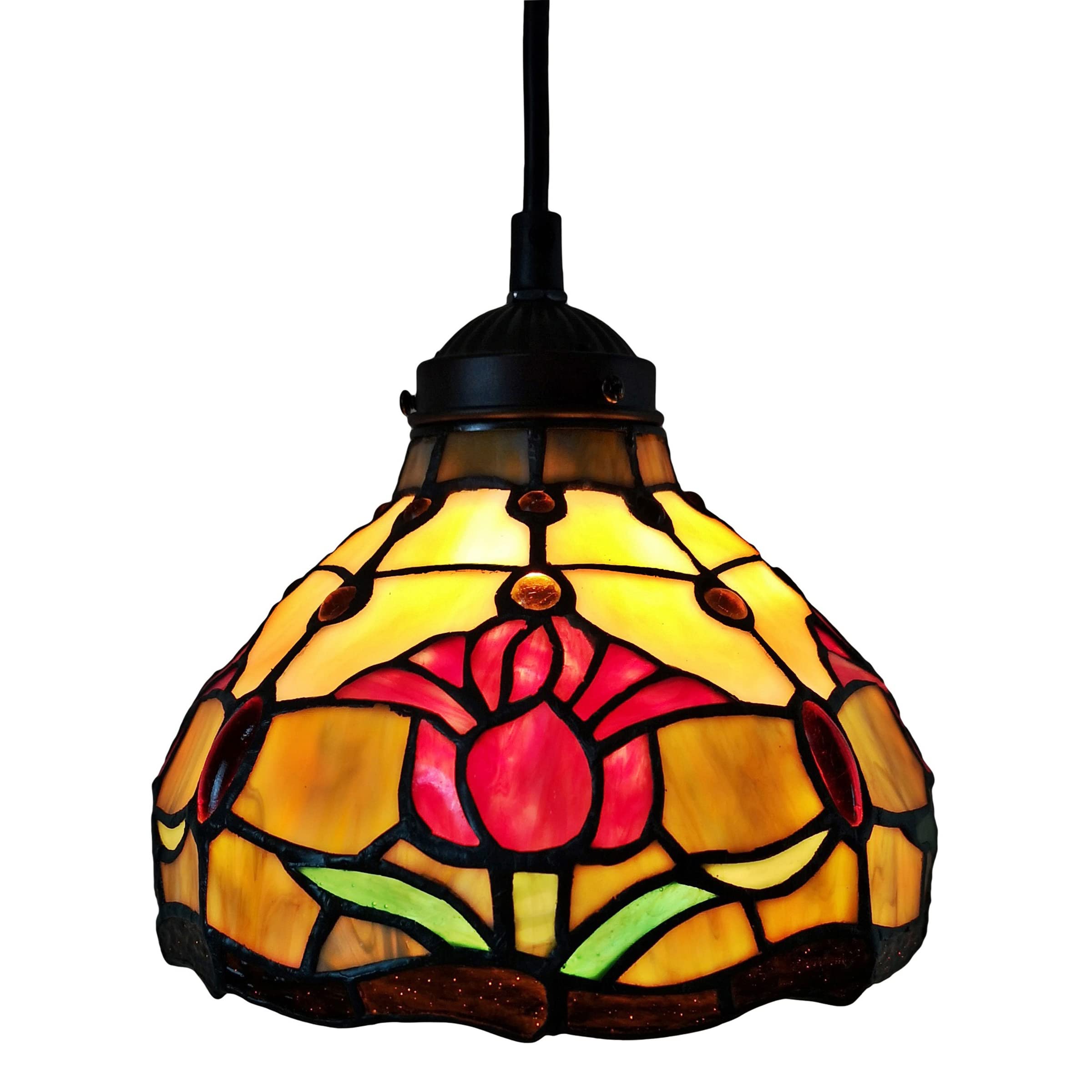 Amora Tiffany Hanging Lamp - 8” Stained Glass Pendant Light with Red Floral Tulips Design - Vintage Antique Ceiling Light Fixture - Perfect for Dining Room, Bedroom or Living Room Decor