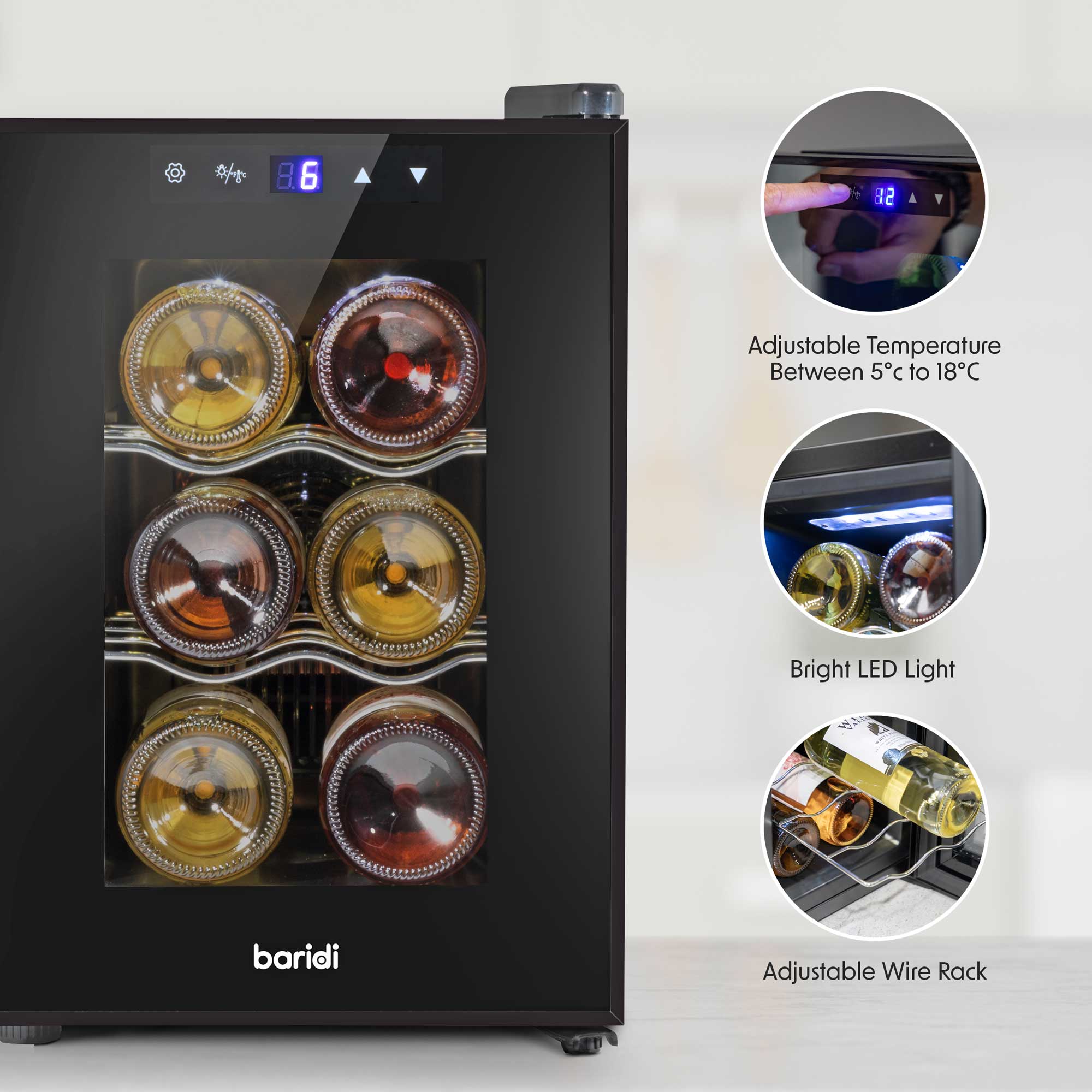 Baridi 6 Bottle Thermoelectric Wine Cooler with Touch Controls - Compact Tabletop Design (5-18°C Temperature Range) | Perfect for Home Bars, Kitchen Countertops & Small Spaces