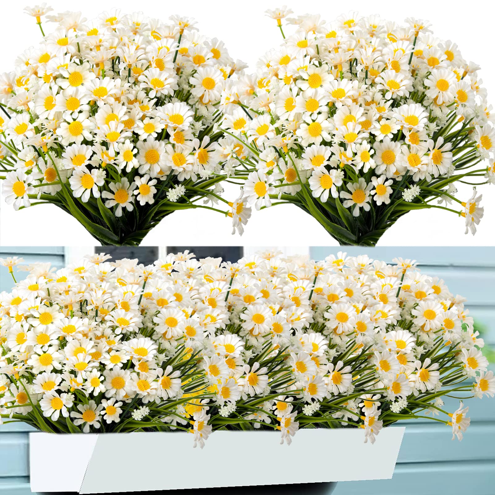 UV Resistant Artificial Daisies Flowers - 20 Bundles Fake Plastic Flowers for Outdoor & Indoor Decoration - Weatherproof Faux Plants for Garden, Patio, Wedding, Home Decor (White)