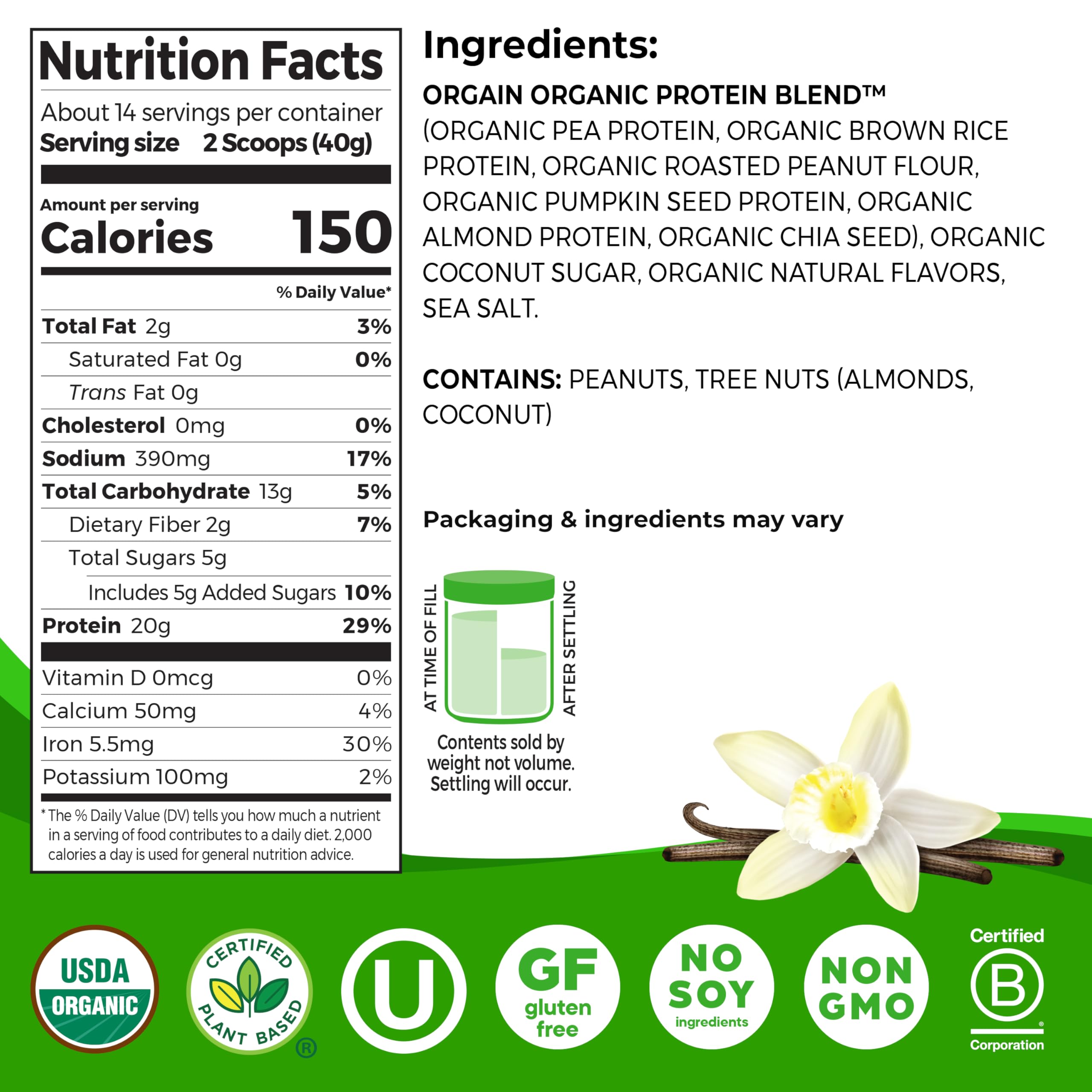 Orgain Organic Simple Vegan Protein Powder, Vanilla - 20g Plant Based Protein Powder for Smoothies & Baking, Gluten Free, Dairy Free, No Artificial Sweeteners, 1.25 lb (Pack of 1) - Perfect for Post-Workout Recovery & Healthy Breakfast Shakes