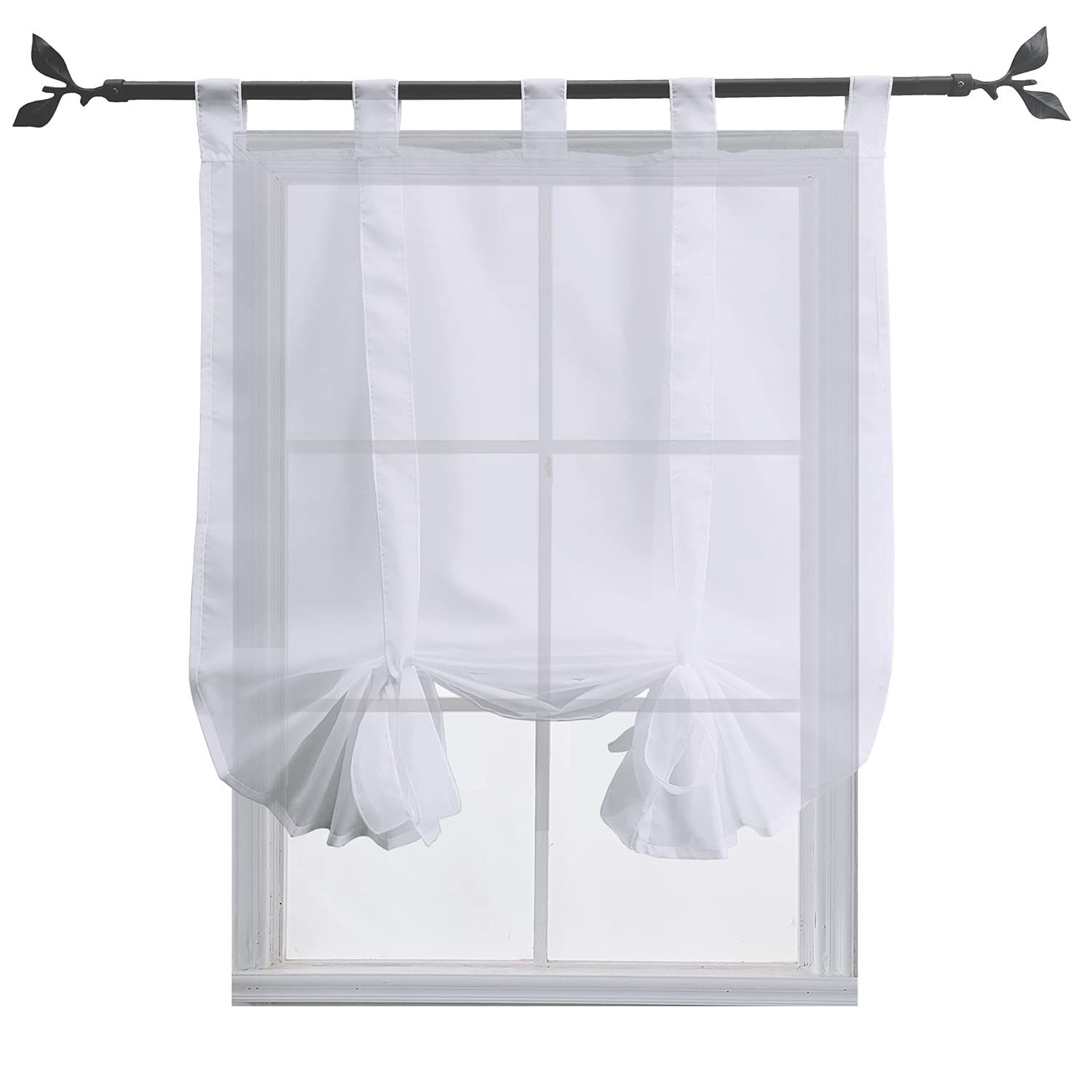 Sheer White Tie-Up Curtains for Small Windows - 24x55 Inch Balloon Style with Ribbon Trim - Elegant Living Room & Girls Bedroom Window Treatments - Perfect for Nursery, Kitchen, and Cozy Spaces