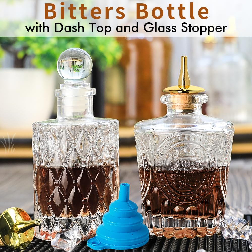 Premium Glass Bitters Bottle Set of 2 - Cocktail Dasher Bottles with Gold Dash Tops | Elegant Barware for Mixing Old Fashioned, Manhattan & Craft Cocktails | Perfect Home Bar Accessory & Gift for Bartenders