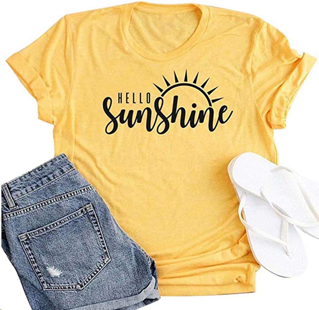 Hello Sunshine Women's Graphic T-Shirt - Cute Letter Print Short Sleeve Tee for Summer Casual Wear | Perfect for Beach Outings, Music Festivals & Everyday Comfort