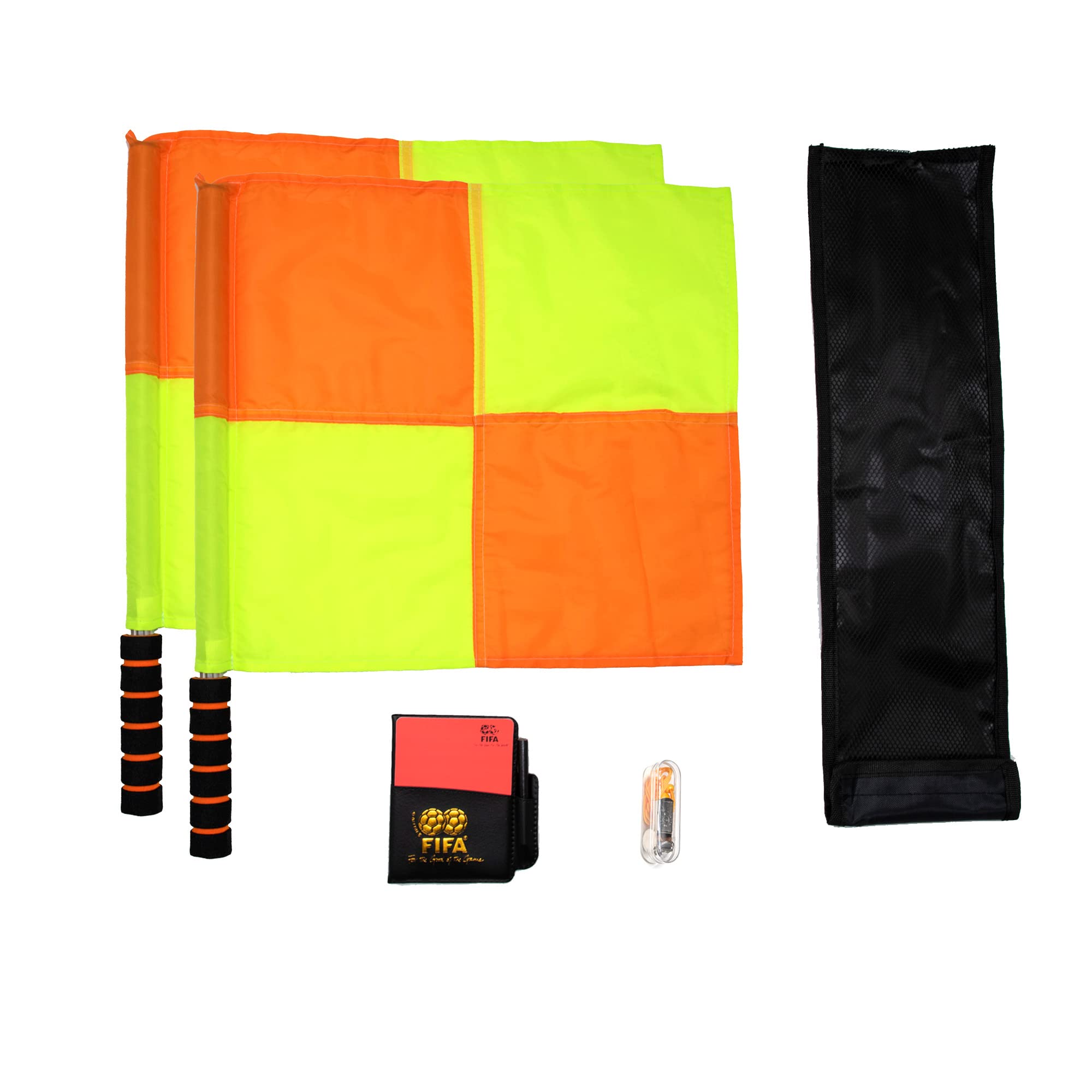 Professional Soccer Referee Flag Set - Checkered Linesman Flags with Case, Metal Pole & Foam Handle - Waterproof Red/Yellow Cards with Notebook & Pencil - 2 Stainless Steel Whistles with Lanyard - Perfect for Soccer Matches, Training & Officiating Games (Style 2)