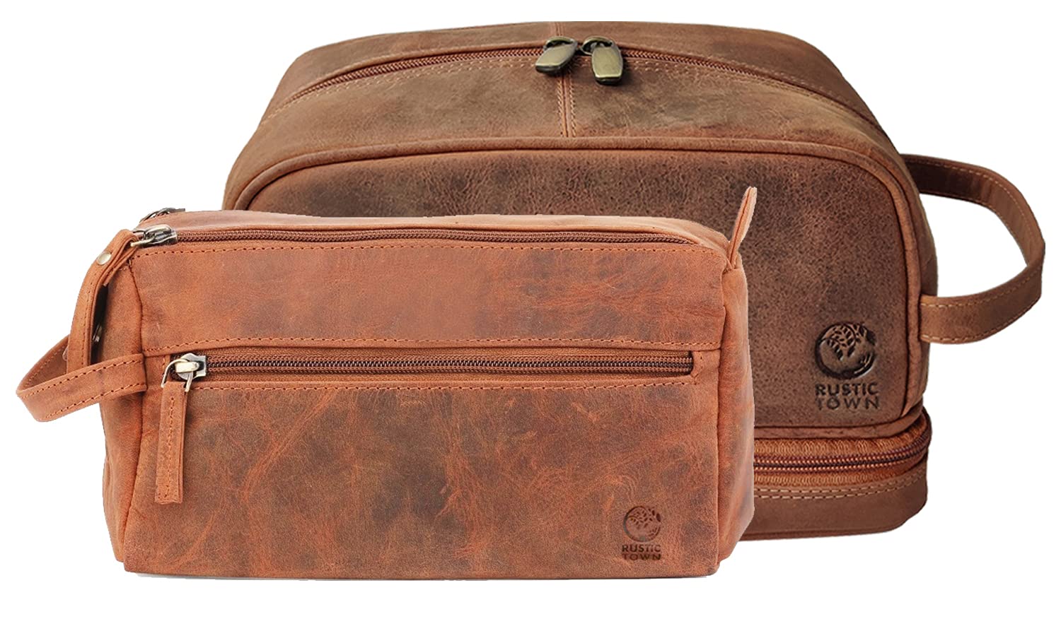 RUSTIC TOWN Handmade Genuine Leather Toiletry Bag Set - Premium Travel Organizer for Men & Women | Perfect Gift for Business Trips, Camping & Vacation Essentials