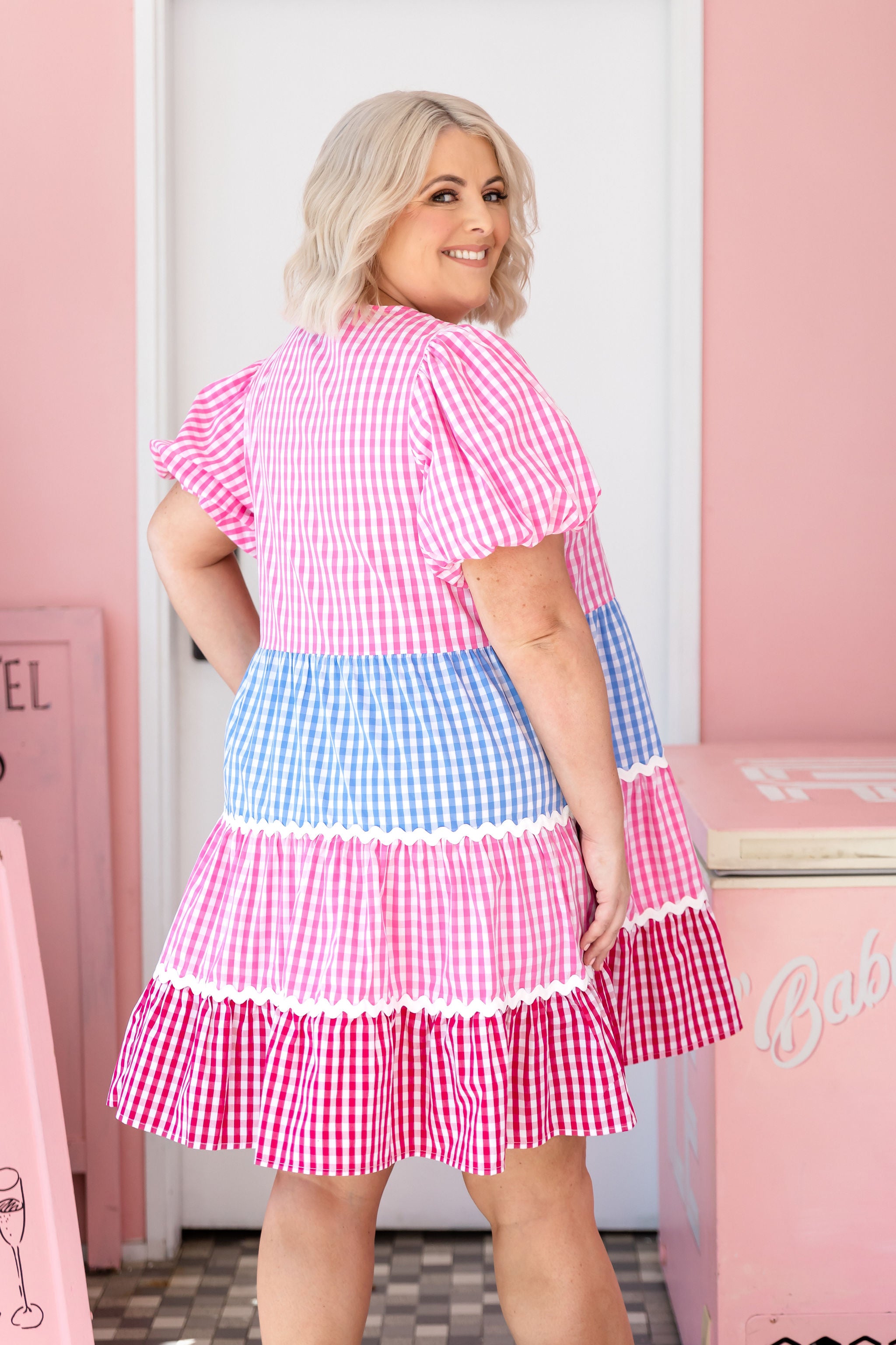Greta Party Dress in Gingham Mix - Stylish Floral Print Women's Party Gown for Cocktail, Wedding & Special Occasions