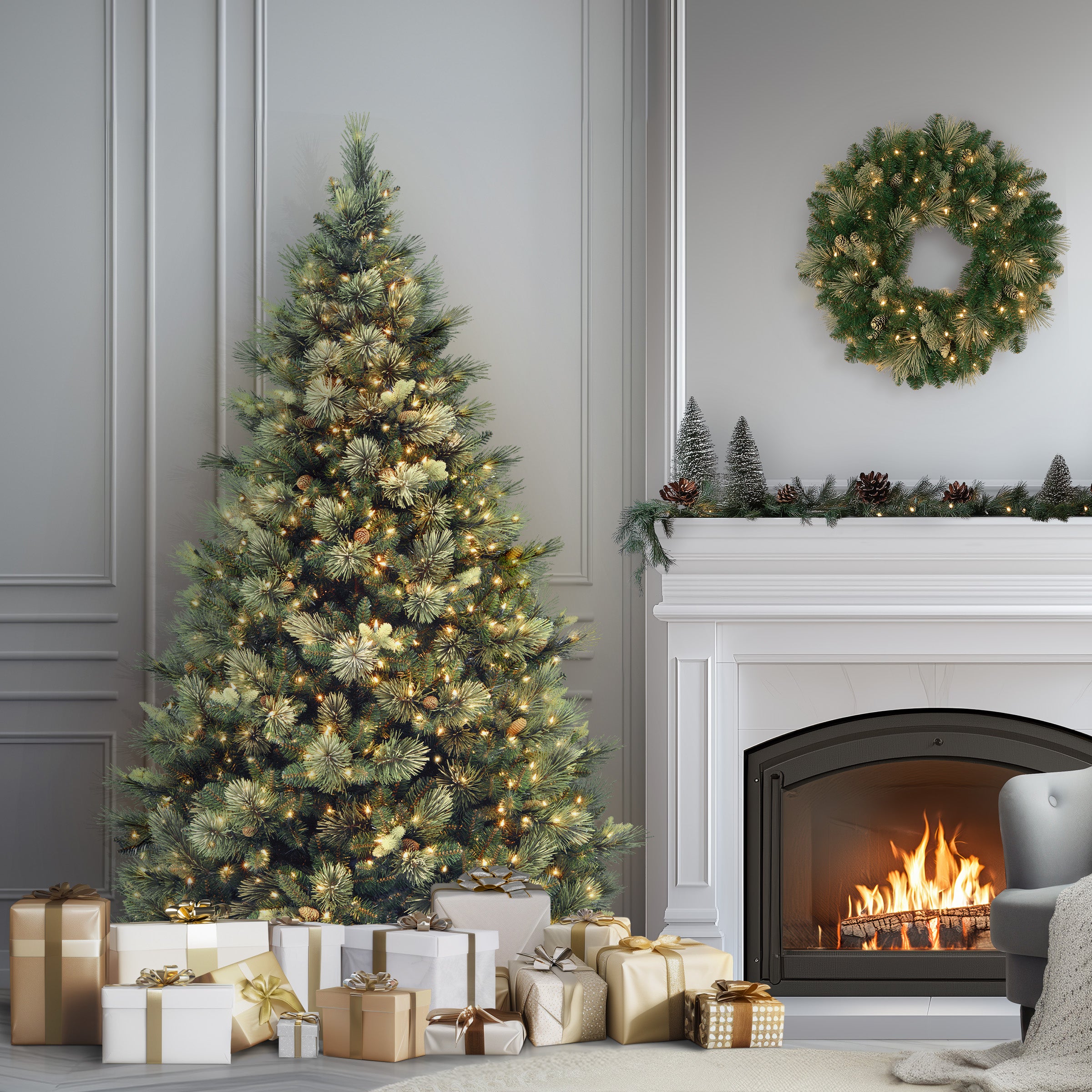 7.5 ft Pre-Lit Artificial Carolina Pine Christmas Tree with 1000 Clear LED Lights - Perfect for Living Room, Office & Holiday Decorations
