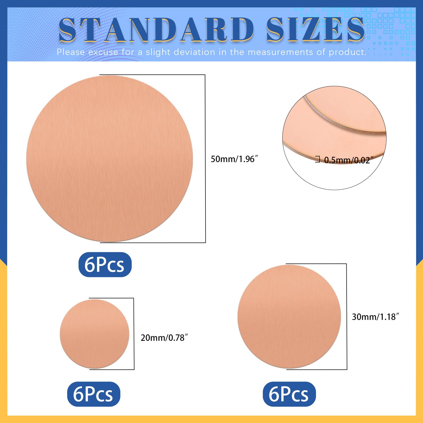 Glarks 18pcs Pure Copper Sheet Metal Discs - T2 Copper Round Plates (0.8/1.2/2mm x 0.02