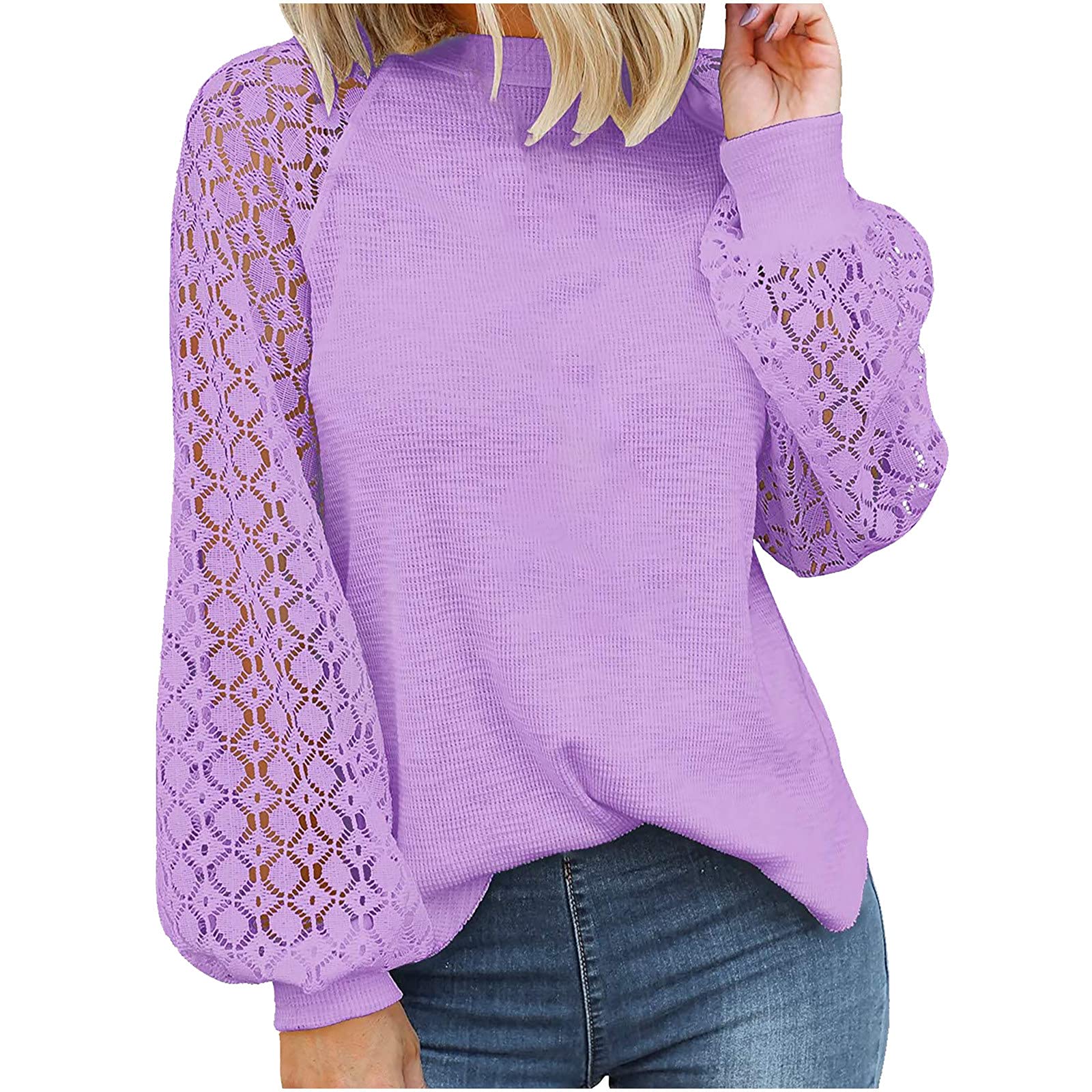 Cute Women's Lantern Sleeve Openwork Sweater - Waffle Knit Pullover Blouse with Lace Stitching | Fall Fashion Tops for Casual Outings & Office Wear