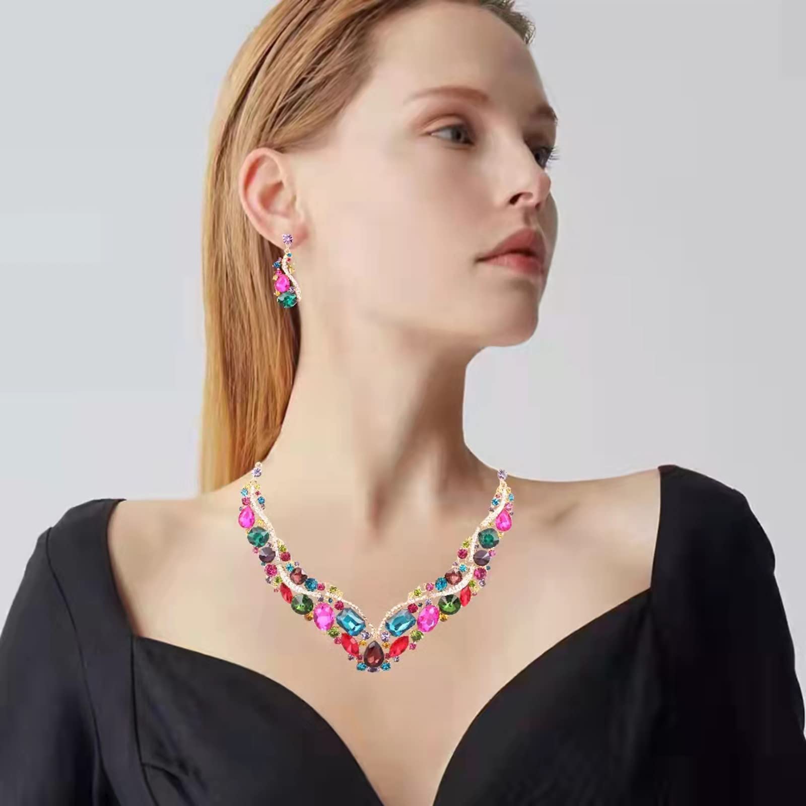 Elegant Rhinestone Crystal Teardrop Necklace and Dangle Earrings Set for Women - Fashion Statement Jewelry Gift for Party, Wedding & Special Occasions