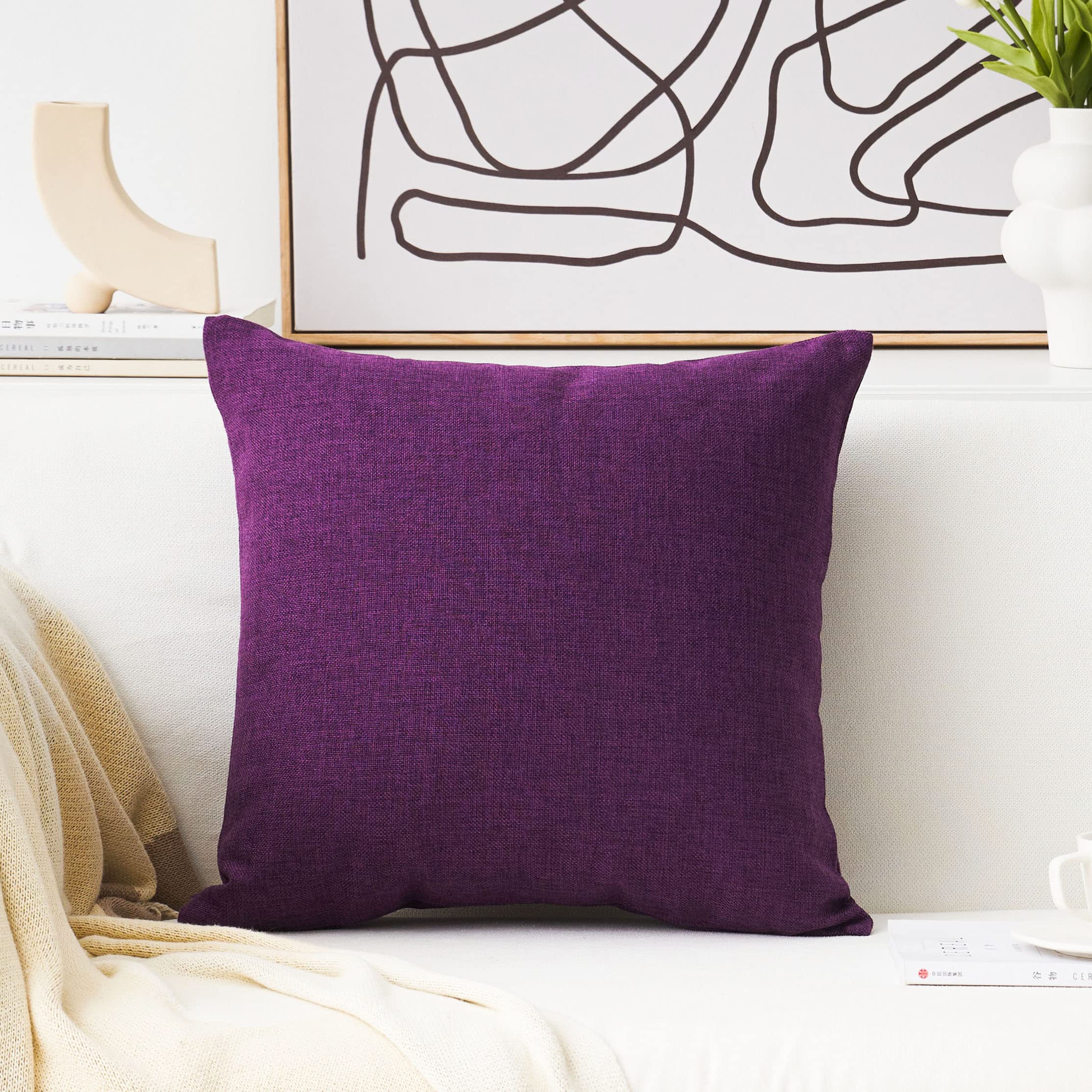 Premium Purple Burlap Linen Pillow Covers - 20x20 Inches (50x50cm) Solid European Style Throw Pillows for Sofa, Bed & Bench - Perfect for Living Room Decor, Bedroom Accents & Cozy Home Styling