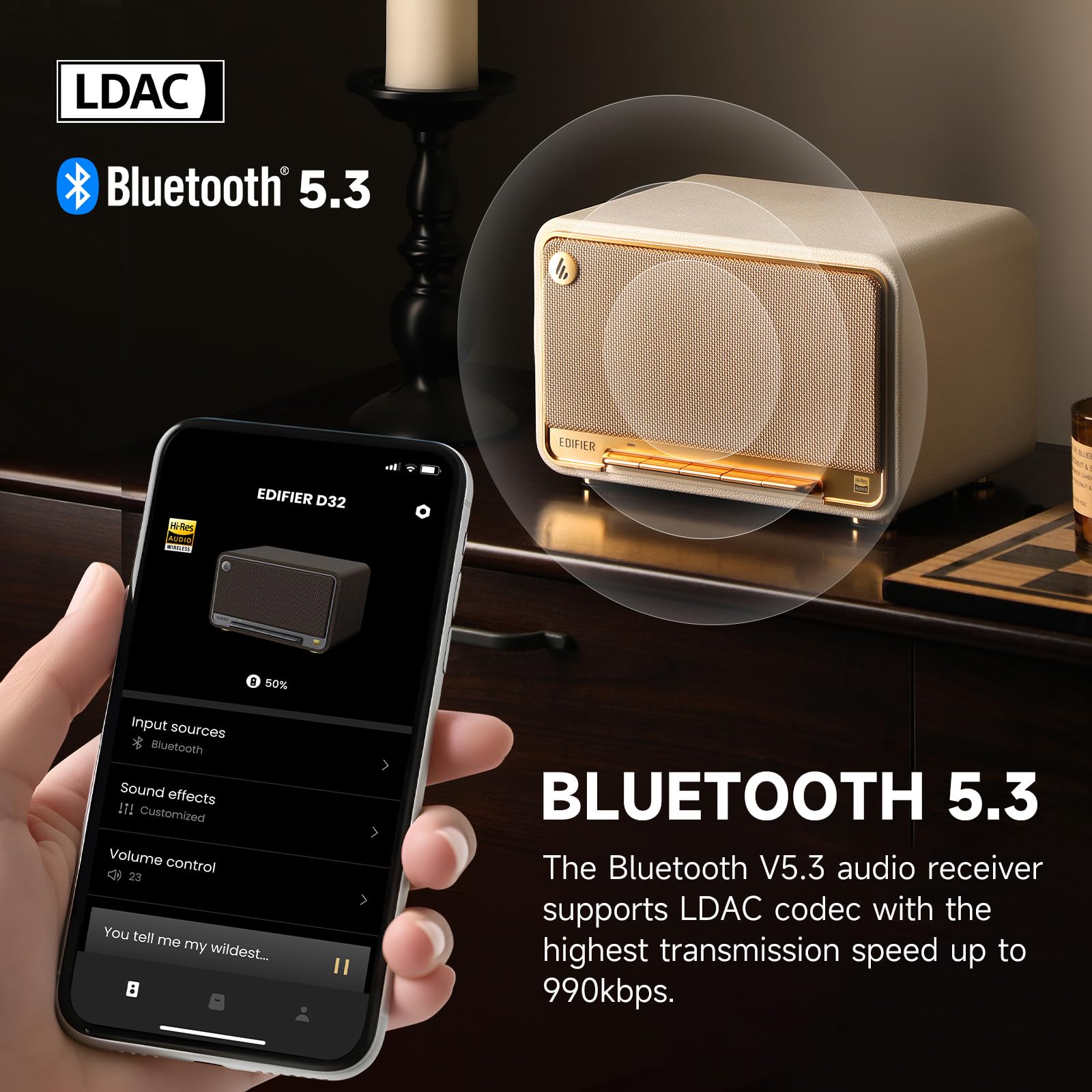 Edifier D32 Retro Bluetooth Speaker - 60W Portable Wireless Speaker with Wi-Fi, AirPlay2 & Multi-Point Connection - 11H Playtime - White - Perfect for Home, Office & Outdoor Use