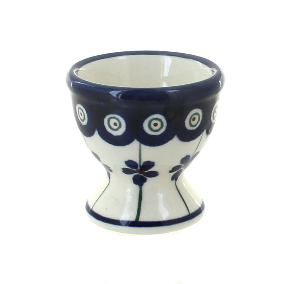 Handmade Blue Rose Polish Pottery Peacock Egg Cup - Elegant Decorative Tableware for Easter, Breakfast & Home Decor